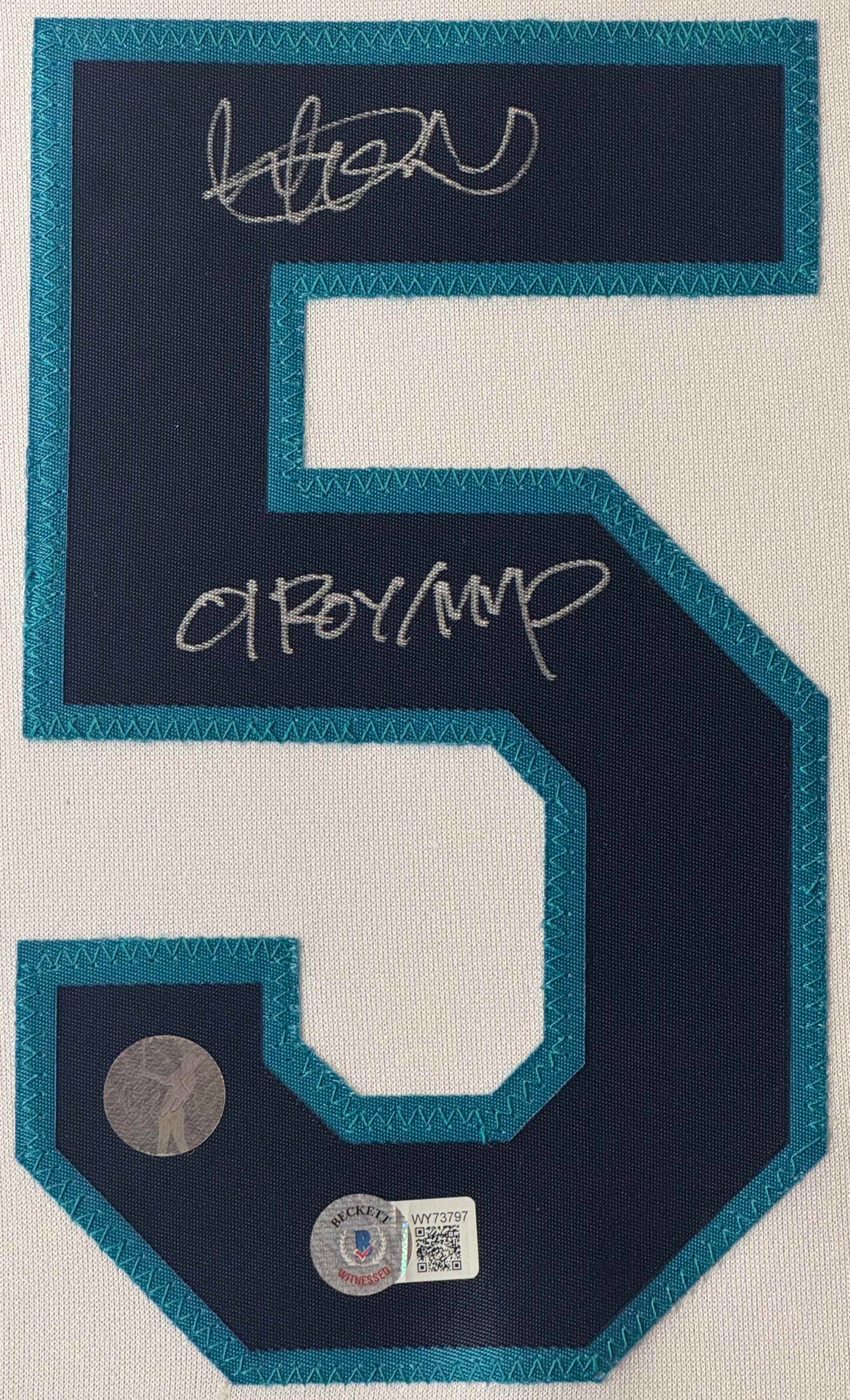 Ichiro Suzuki Signed Seattle Mariners Majestic Jersey Framed Beckett & Suzuki Holograms COA INSCRIBED - Close up of Number