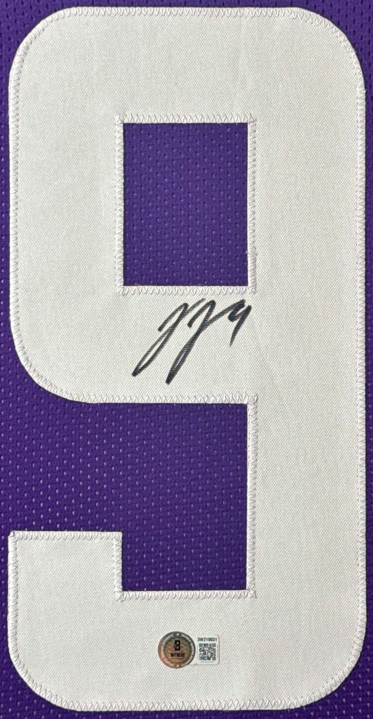 JJ McCarthy Signed Minnesota Vikings Jersey Framed Beckett COA - Close up of Number