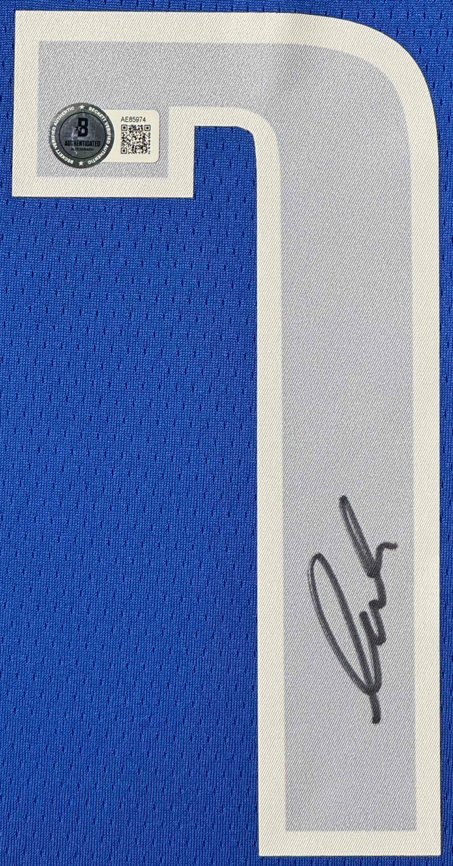 Luka Doncic Signed Dallas Mavericks Nike Jersey Framed Beckett LOA & COA - Close up of Number