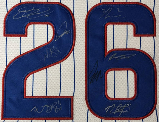 Cubs 2026 Team Signed Chicago Cubs Nike Jersey Framed PSA LOA & COA - Close up of Number