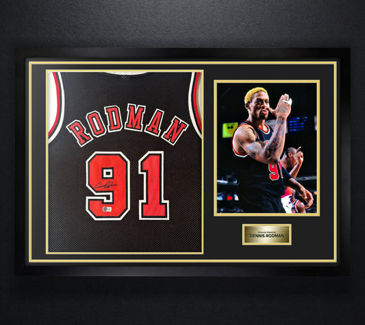 Dennis Rodman Signed Chicago Bulls Jersey Framed Beckett COA - Photo of frame