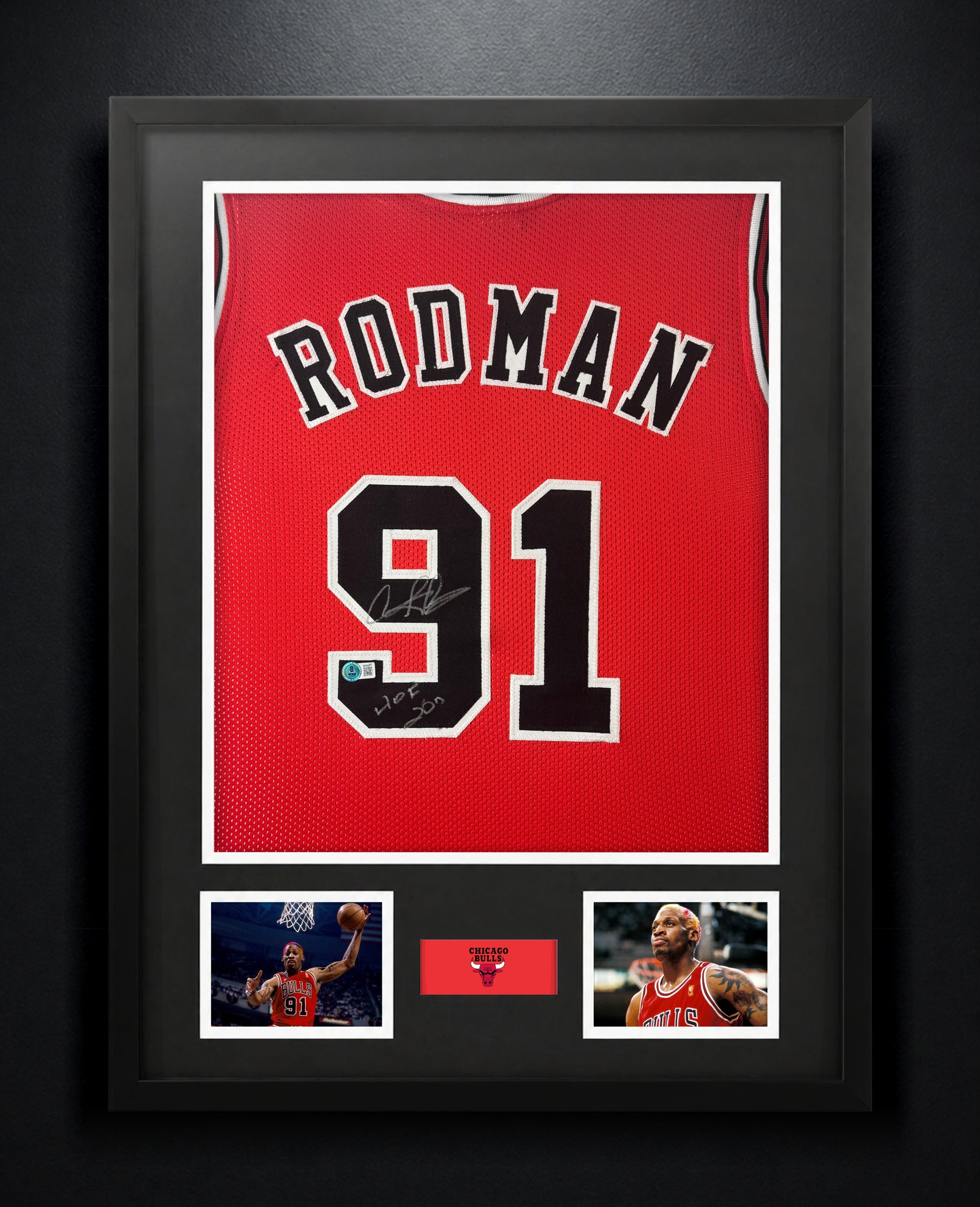 Dennis Rodman Signed Chicago Bulls Jersey Framed Beckett COA INSCRIBED - Photo of frame