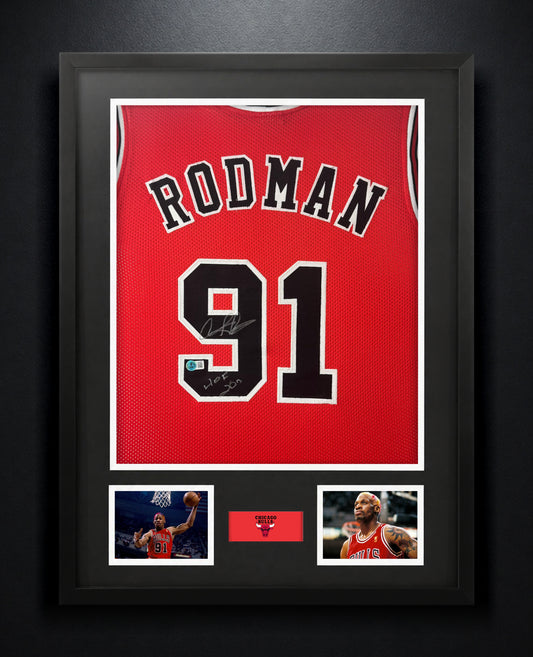 Dennis Rodman Signed Chicago Bulls Jersey Framed Beckett COA INSCRIBED - Photo of frame