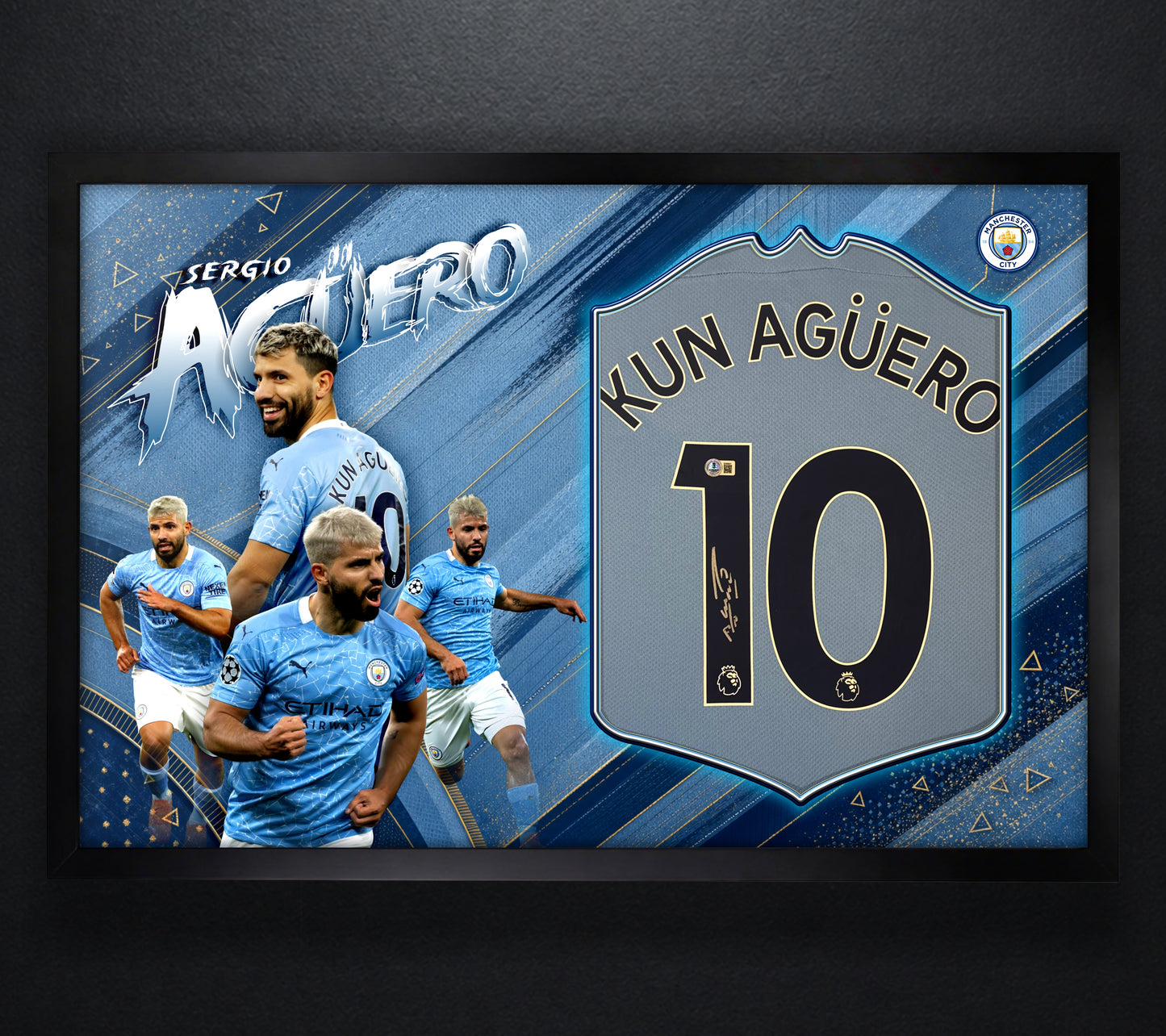 Sergio Aguero Signed Manchester City Puma Jersey Framed Beckett COA - Photo of frame