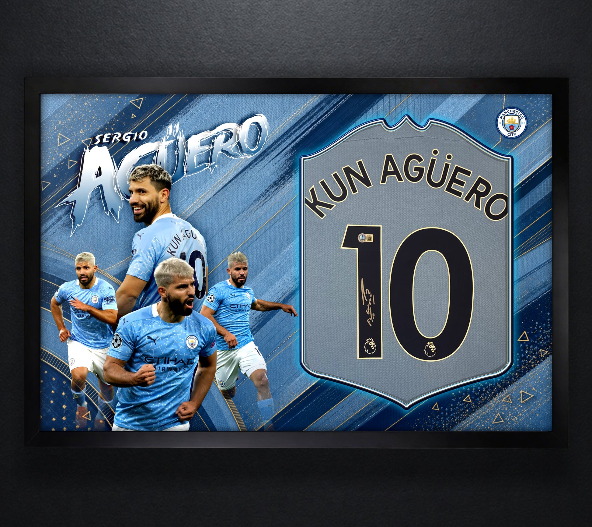Sergio Aguero Signed Manchester City Puma Jersey Framed Beckett COA - Photo of frame