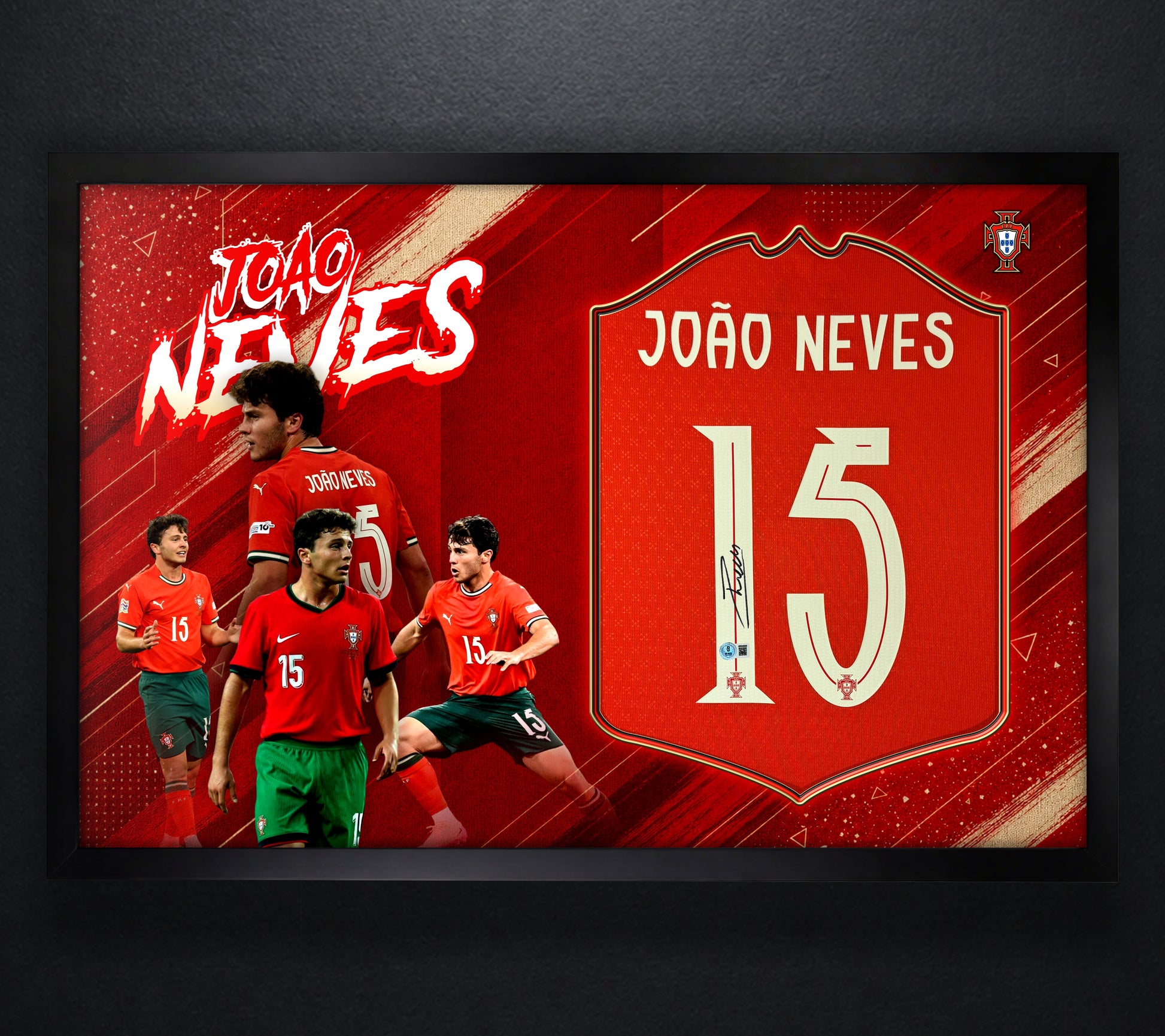 Joao Neves Signed Portugal Puma Jersey Framed Beckett COA - Photo of frame