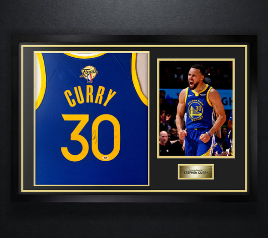 Stephen Curry Signed Golden State Warriors Nike Jersey Framed PSA COA - Photo of frame