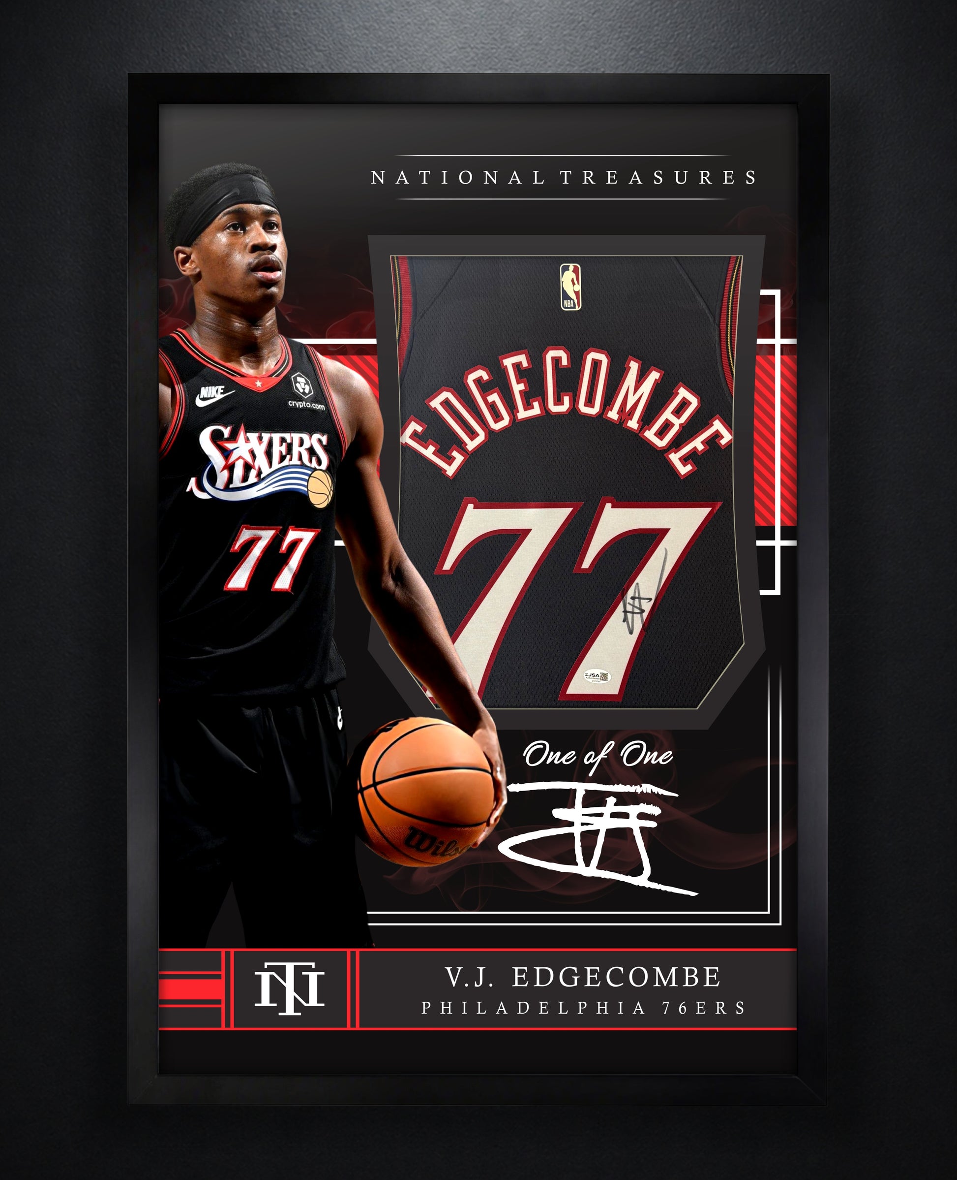 VJ Edgecombe Signed Philadelphia 76ers Nike Jersey Framed JSA COA - Close up of Number