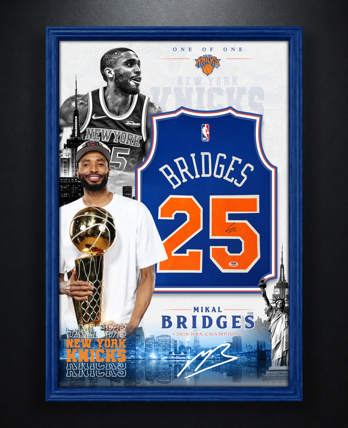 Mikal Bridges Signed New York Knicks Nike Jersey Framed PSA COA - Photo of frame