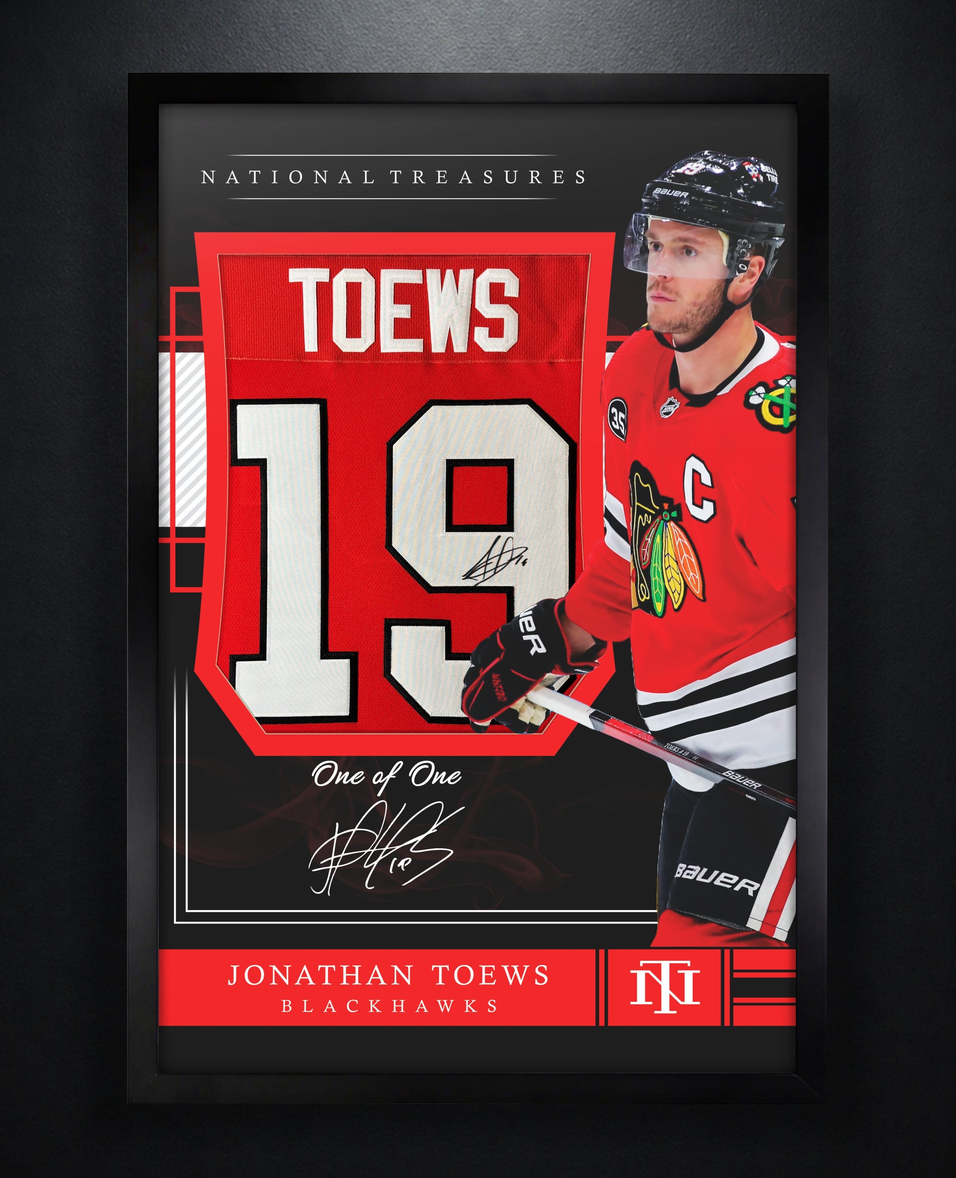 Jonathan Toews Signed Chicago Blackhawks Fanatics Jersey Framed VIDEO PROOF & GRAD LOA - Photo of frame