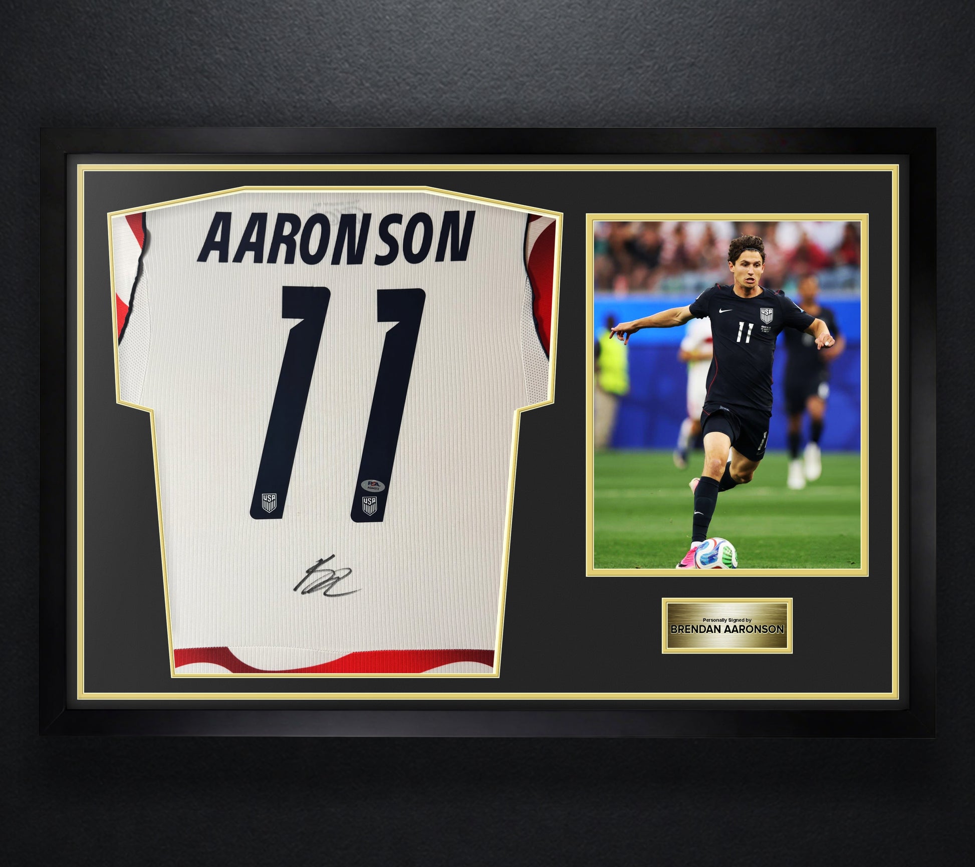 Brenden Aaronson Signed United States of America Nike Jersey Framed PSA COA - Photo of frame