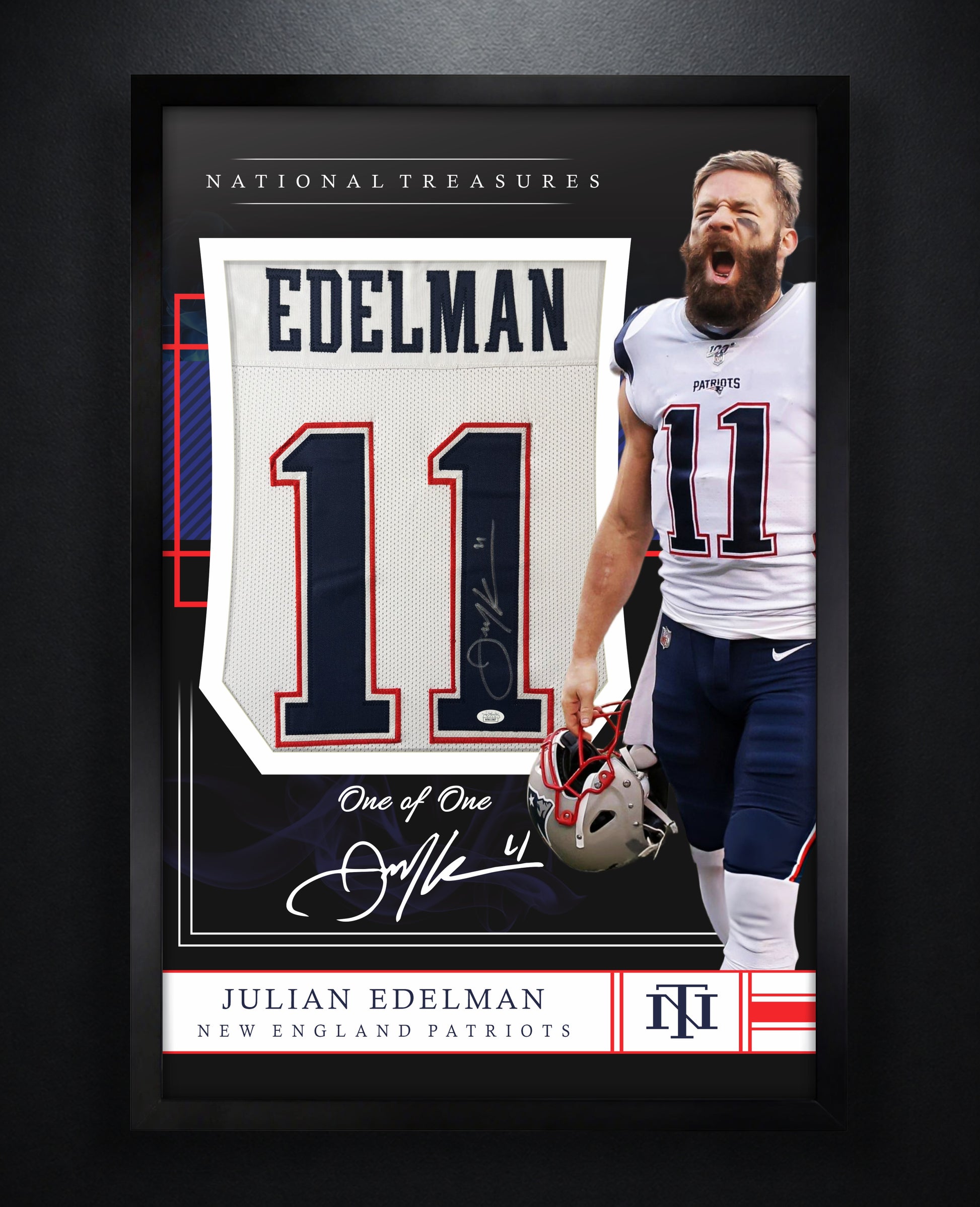 Julian Edelman Signed New England Patriots Jersey Framed JSA COA - Photo of frame