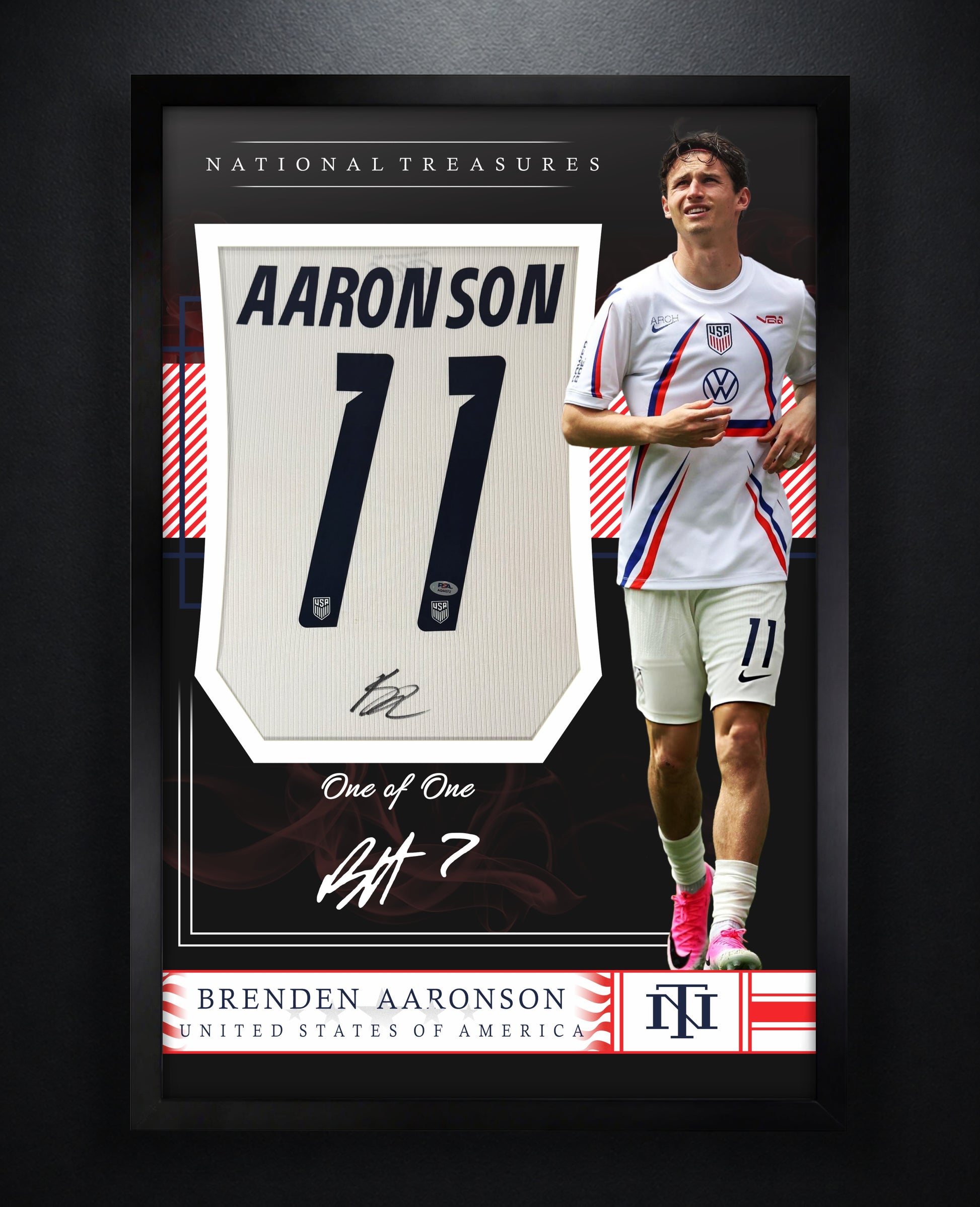 Brenden Aaronson Signed United States of America Nike Jersey Framed PSA COA - Photo of frame