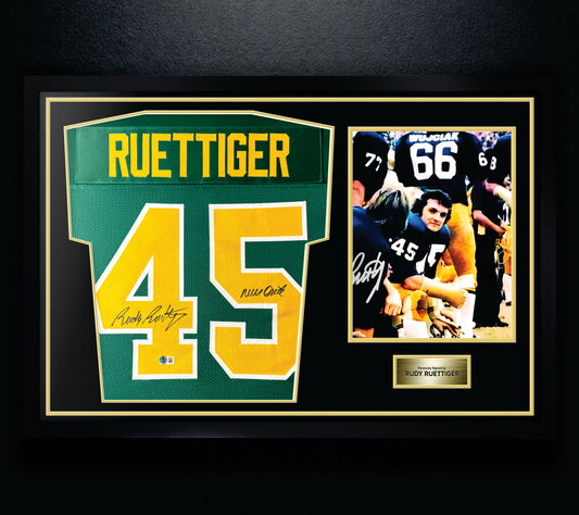 Rudy Ruettiger Signed Notre Dame Fighting Irish Jersey Framed Beckett COA INSCRIBED - Photo of frame