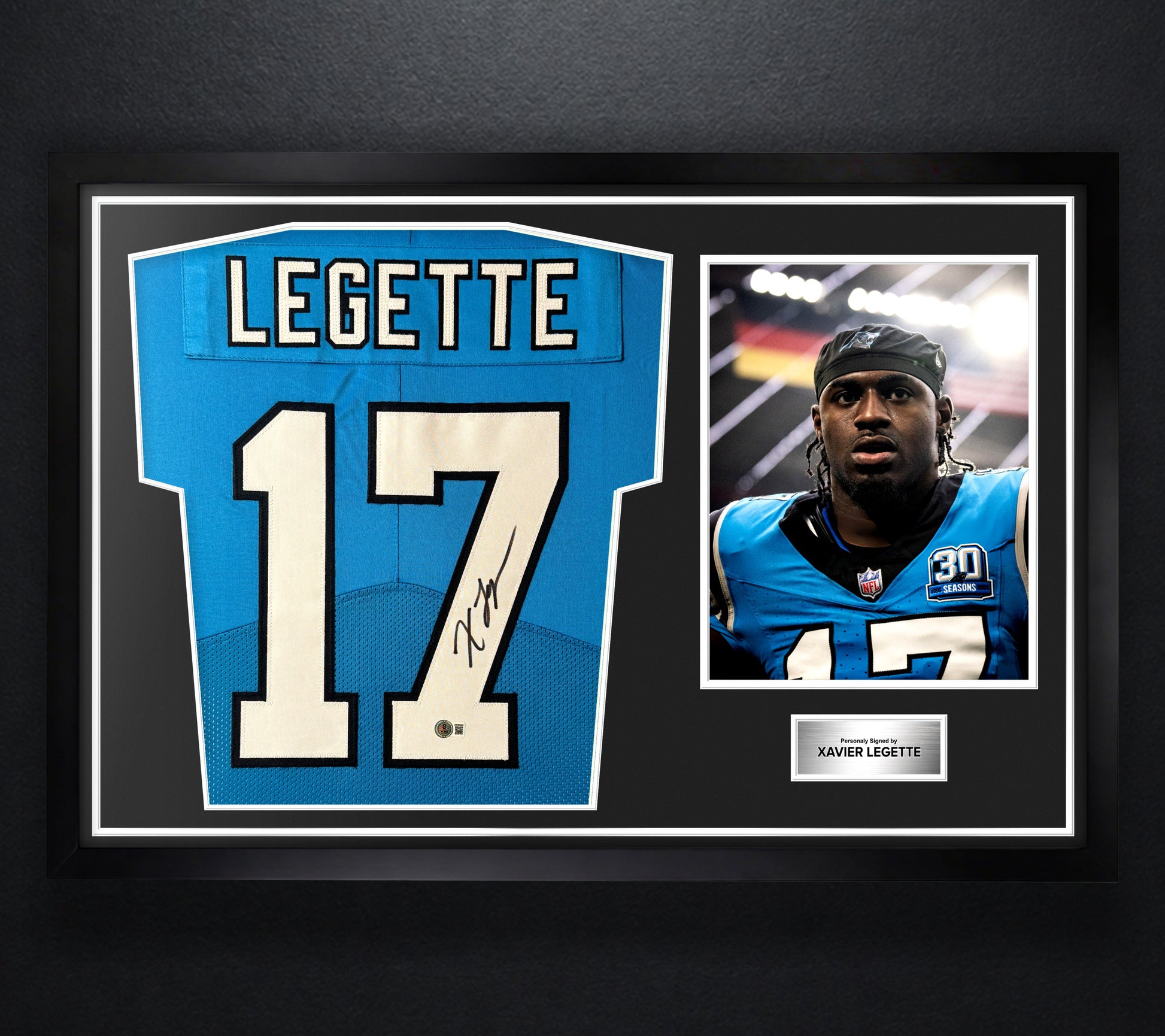 Xavier Legette Signed Carolina Panthers Jersey Framed Beckett COA - Photo of frame