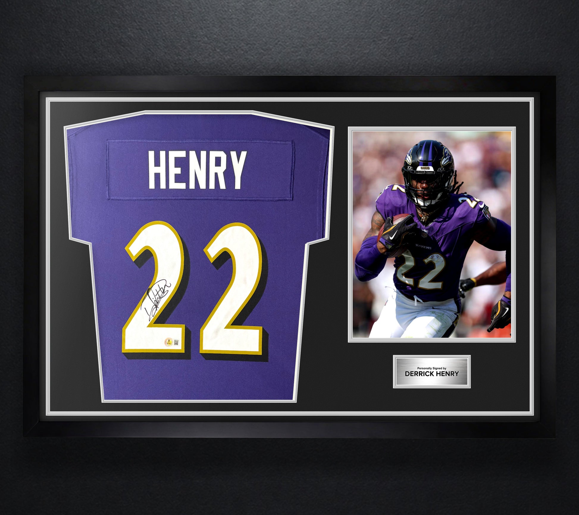 Derrick Henry Signed Baltimore Ravens Nike Jersey Framed Beckett COA - Photo of frame