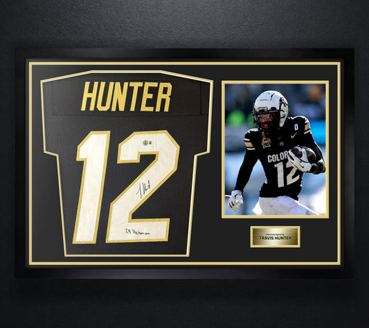 Travis Hunter Signed Colorado Buffaloes Jersey Framed Beckett COA INSCRIBED - Photo of frame