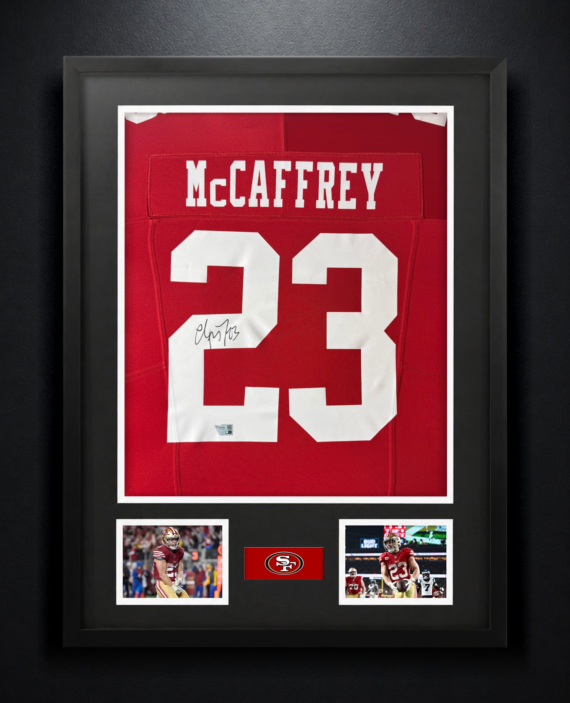 Christian McCaffrey Signed San Francisco 49ers Nike Jersey Framed Fanatics COA - Photo of frame