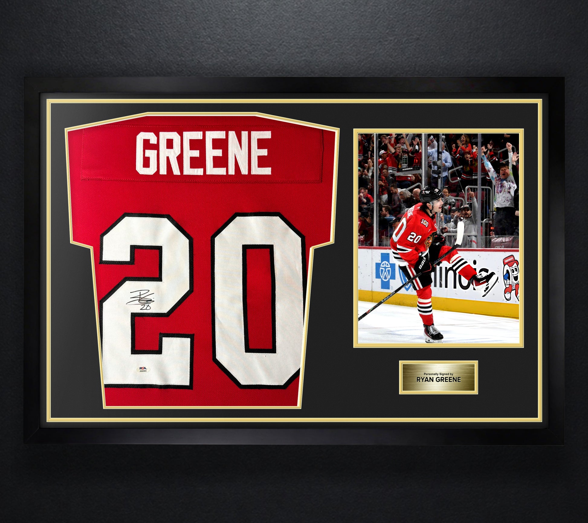 Ryan Greene Signed Chicago Blackhawks Jersey Framed PSA COA - Photo of frame