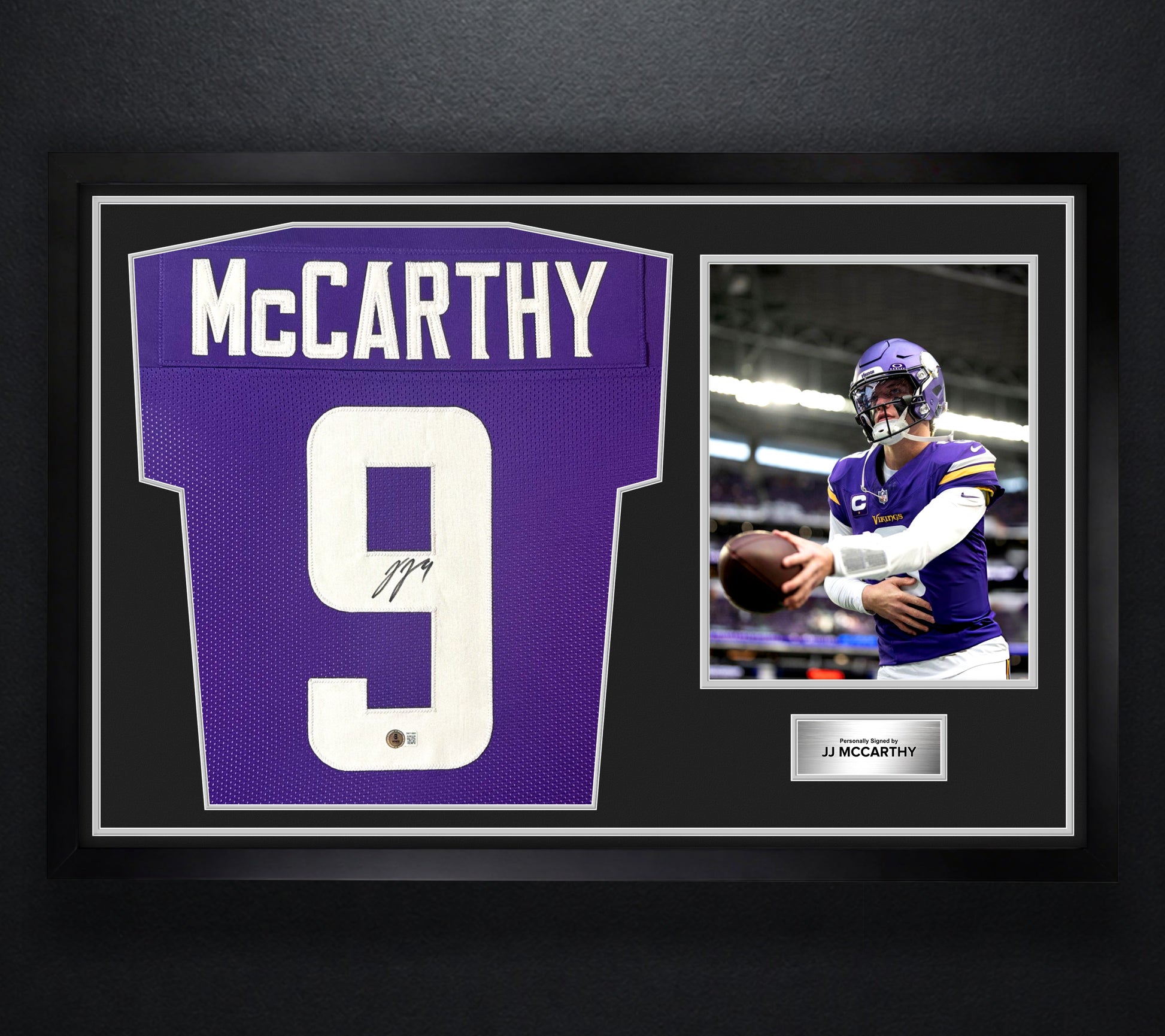 JJ McCarthy Signed Minnesota Vikings Jersey Framed Beckett COA - Photo of frame