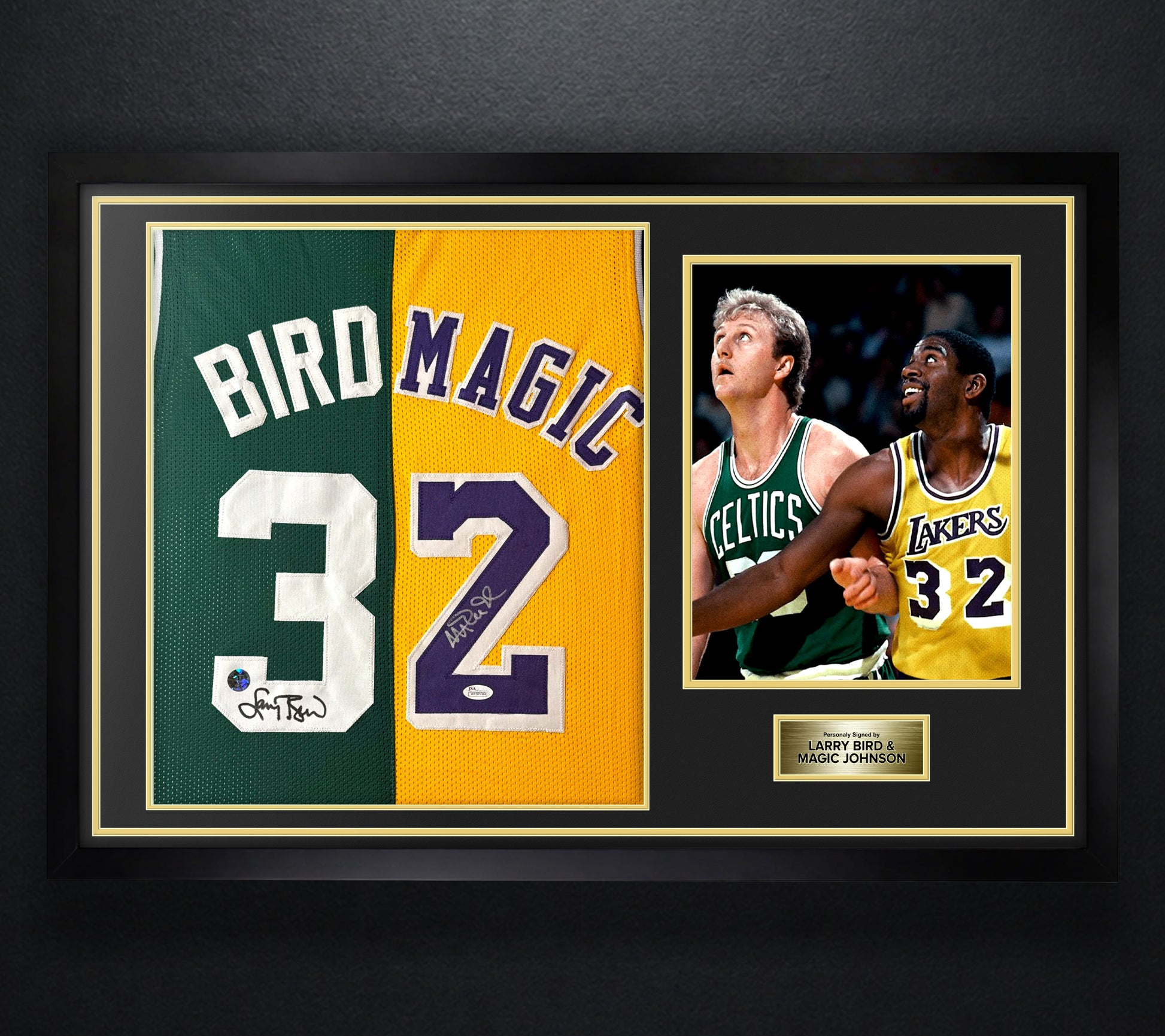 Larry Bird & Magic Johnson Signed Celtics & Lakers Jersey Framed JSA & Larry Bird Holograms COA - Photo of frame