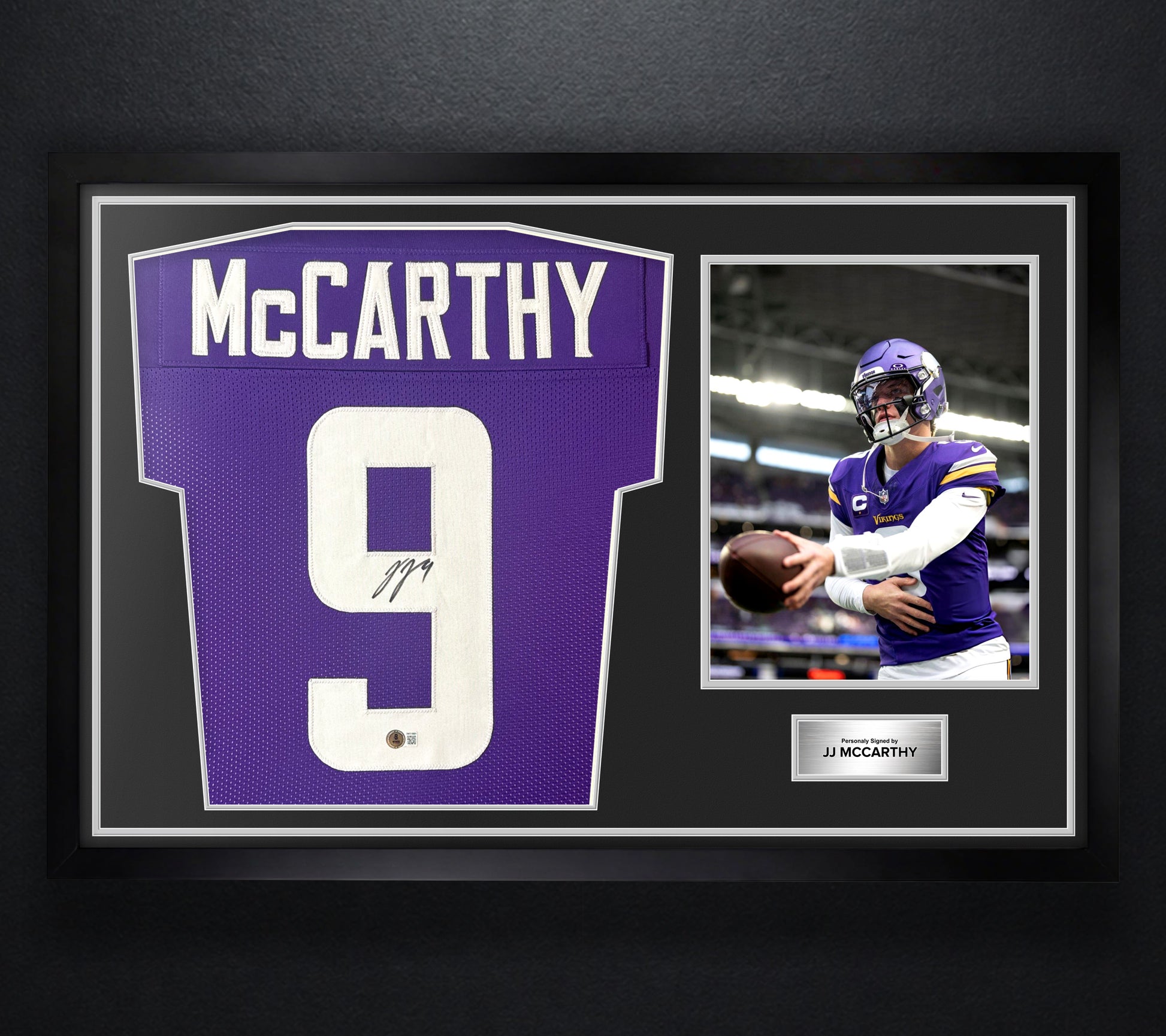 JJ McCarthy Signed Minnesota Vikings Jersey Framed Beckett COA - Photo of frame