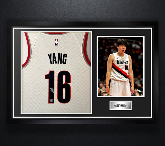 Yang Hansen Signed Portland Trail Blazers Nike Framed Fanatics COA - Photo of frame