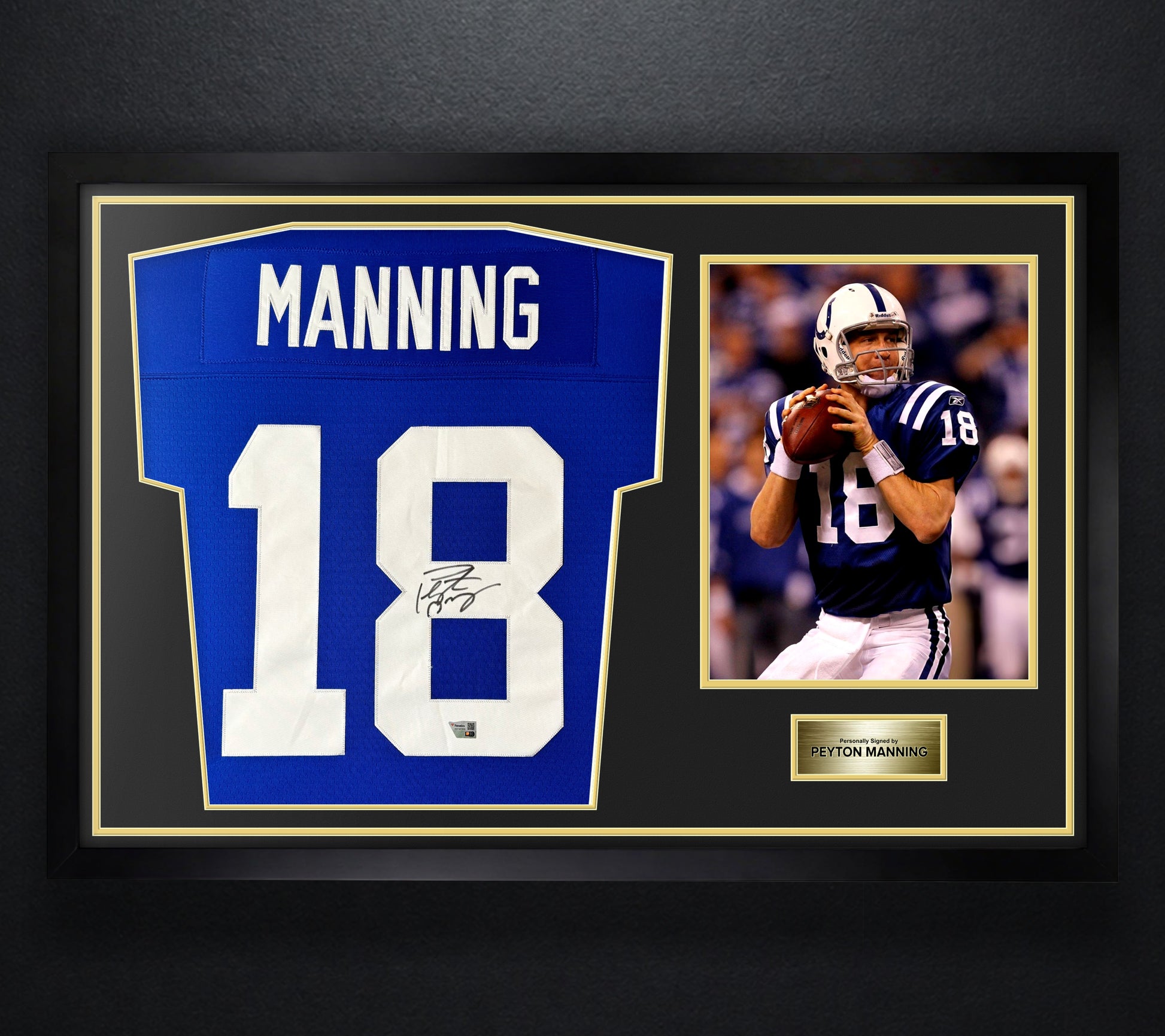 Peyton Manning Signed Indianapolis Colts Mitchell & Ness Jersey Framed Fanatics COA - Photo of frame