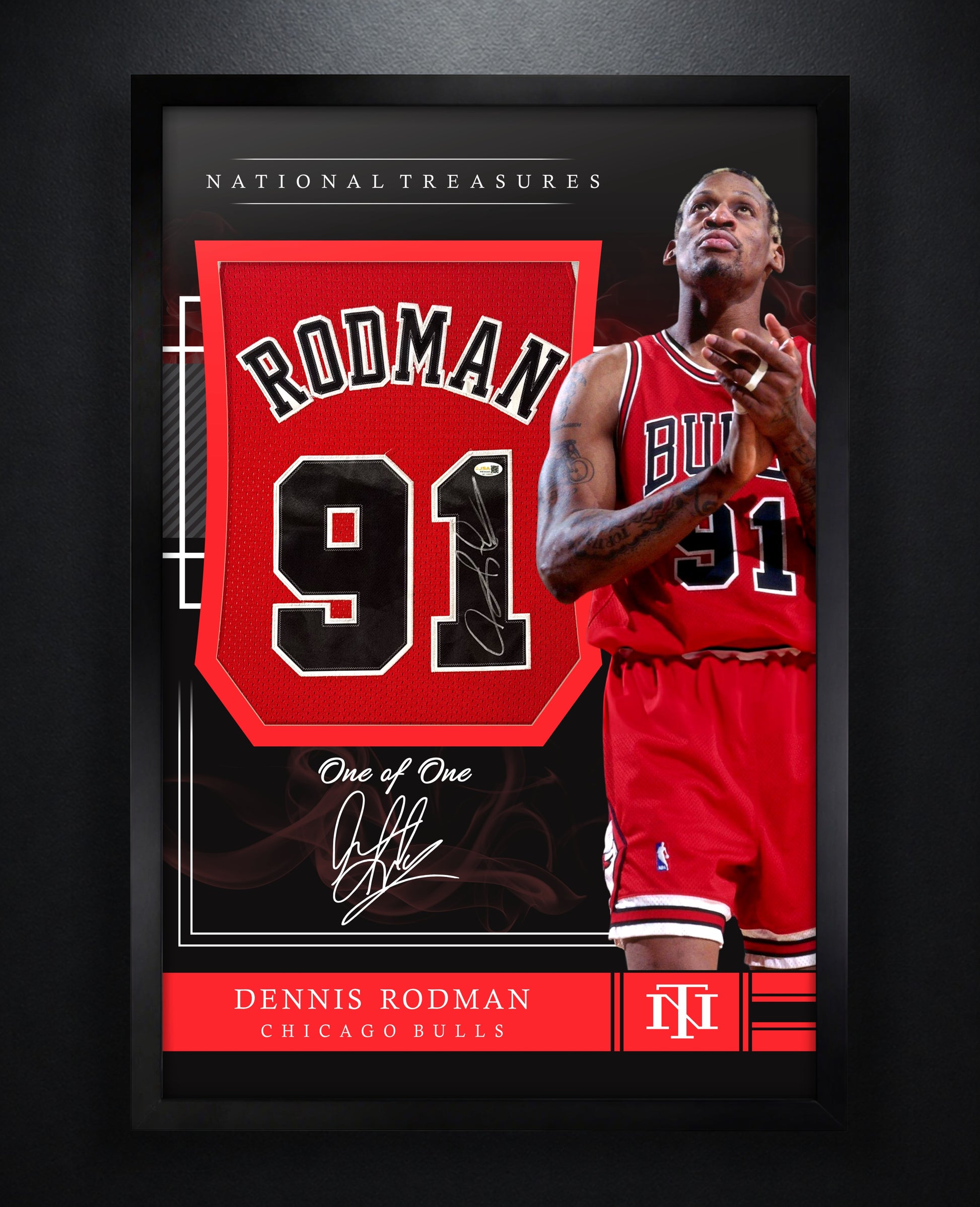 Dennis Rodman Signed Chicago Bulls Mitchell & Ness Jersey Framed JSA COA - Photo of frame