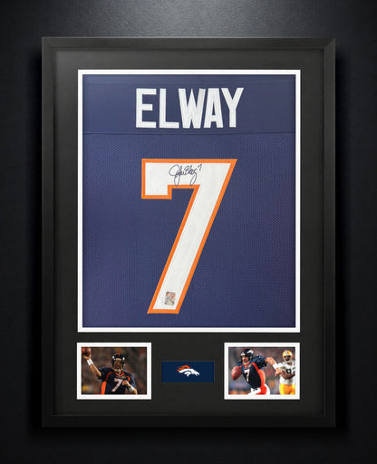 John Elway Signed Denver Broncos Jersey Framed Elway Holograms COA - Photo of frame