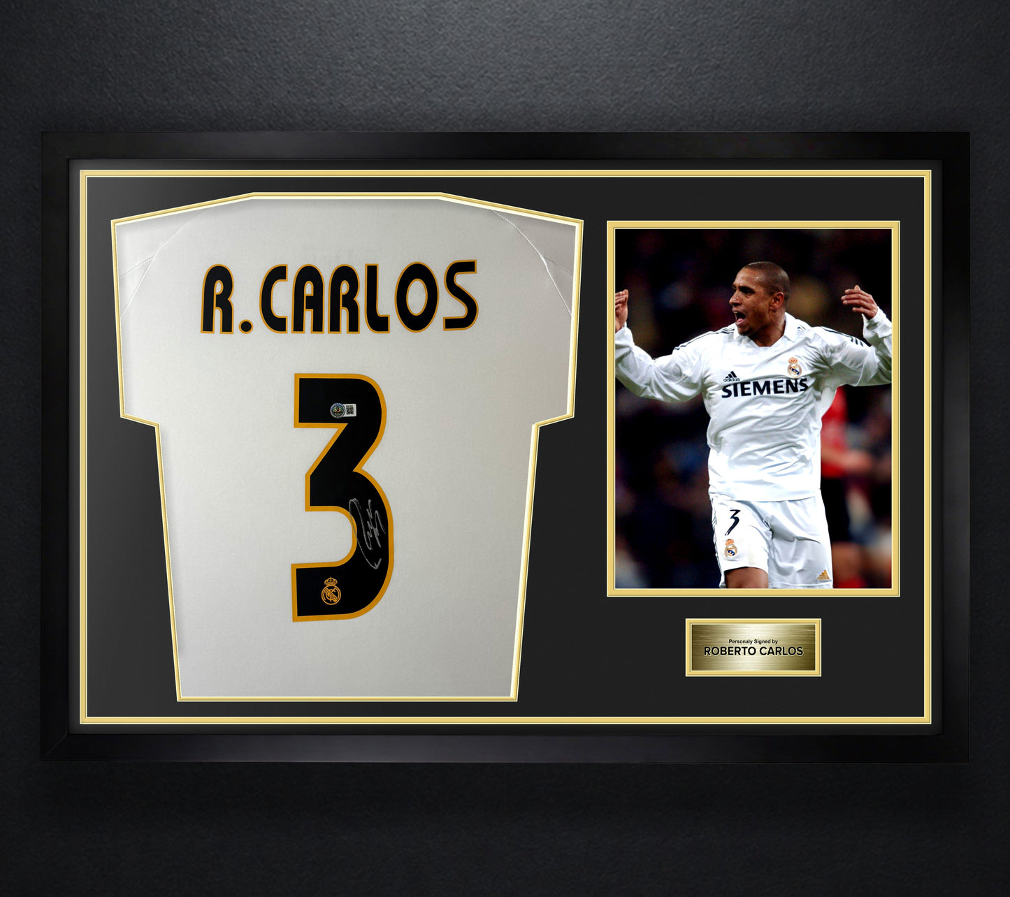 Roberto Carlos Signed Real Madrid Adidas Jersey Framed Beckett COA - Photo of frame
