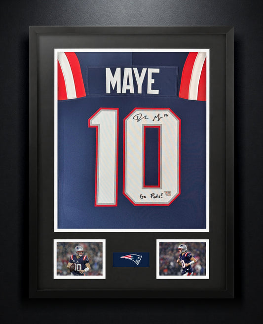 Drake Maye Signed New England Patriots Nike Jersey Framed Fanatics COA INSCRIBED - Photo of frame