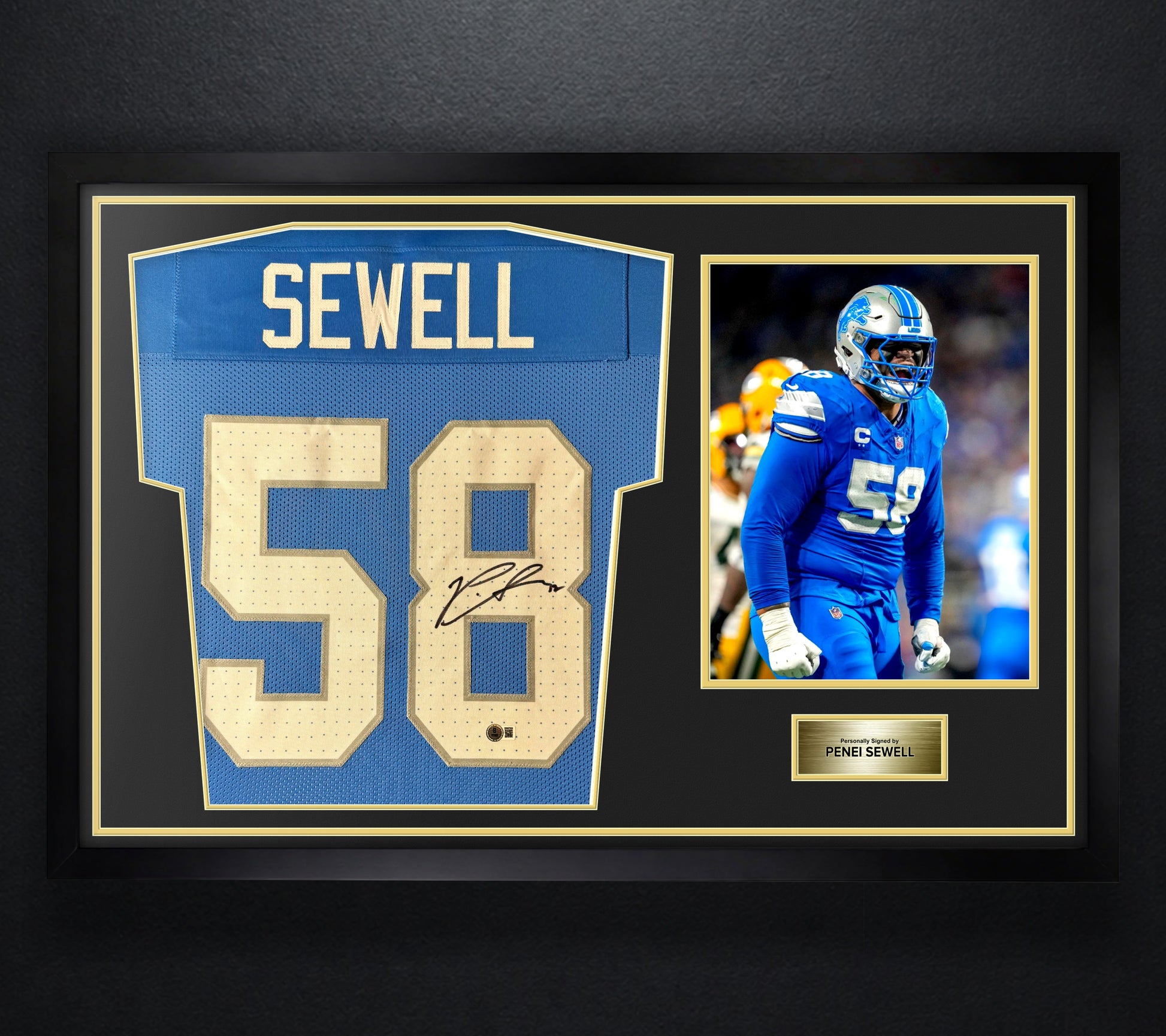 Penei Sewell Signed Detroit Lions Jersey Framed Beckett COA - Photo of frame