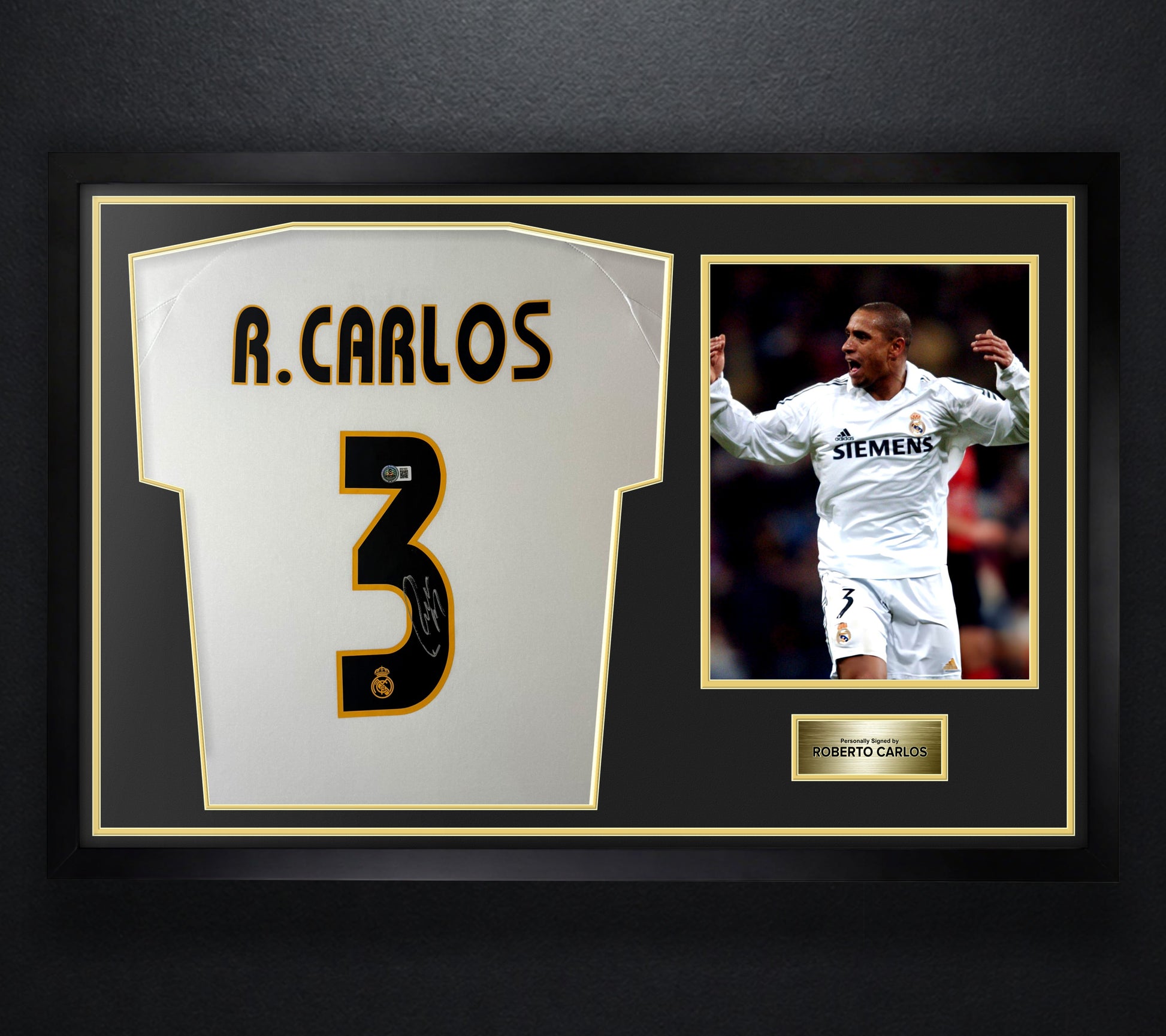 Roberto Carlos Signed Real Madrid Adidas Jersey Framed Beckett COA - Photo of frame