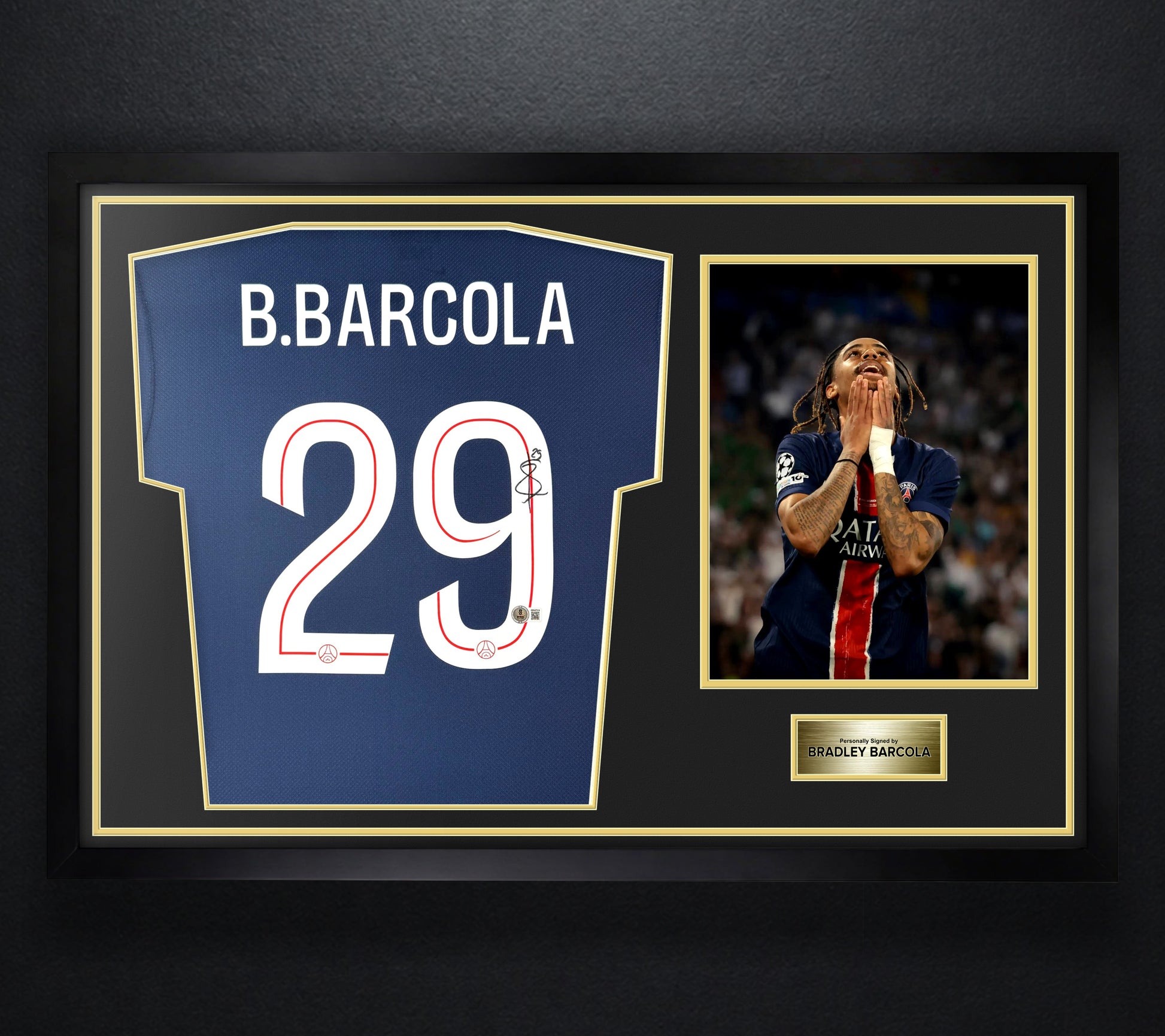 Bradley Barcola Signed PSG Nike Jersey Framed Beckett COA - Photo of frame
