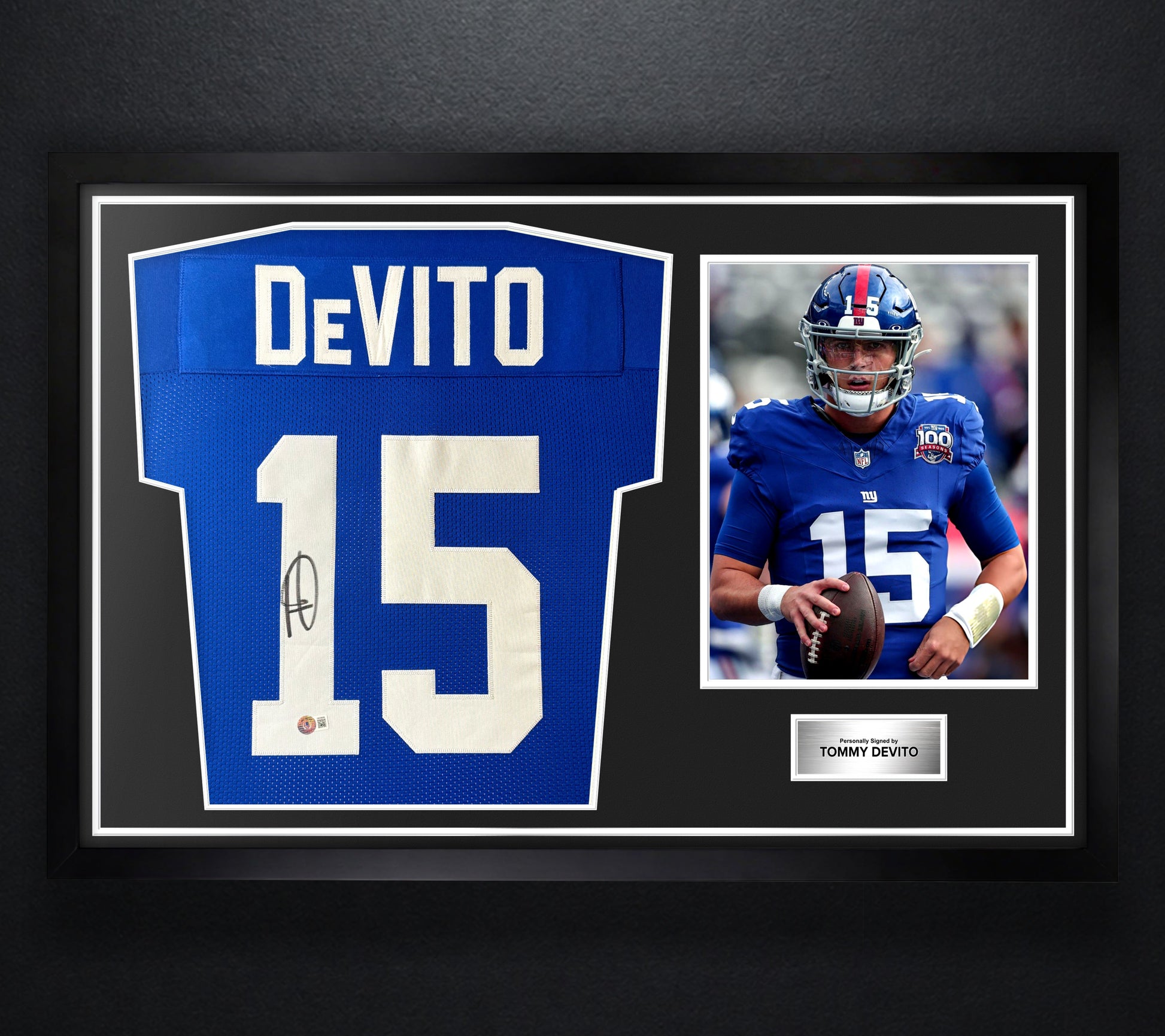 Tommy Devito Signed New York Giants Jersey Framed Beckett COA - Photo of frame