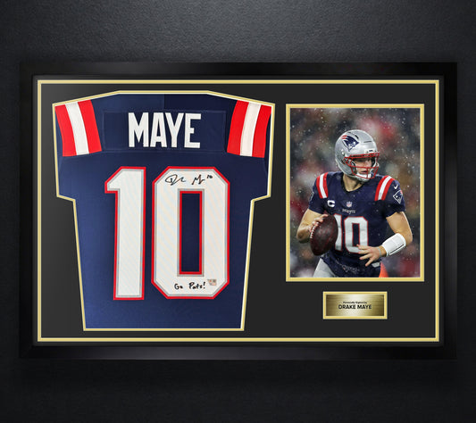 Drake Maye Signed New England Patriots Nike Jersey Framed Fanatics COA INSCRIBED - Photo of frame