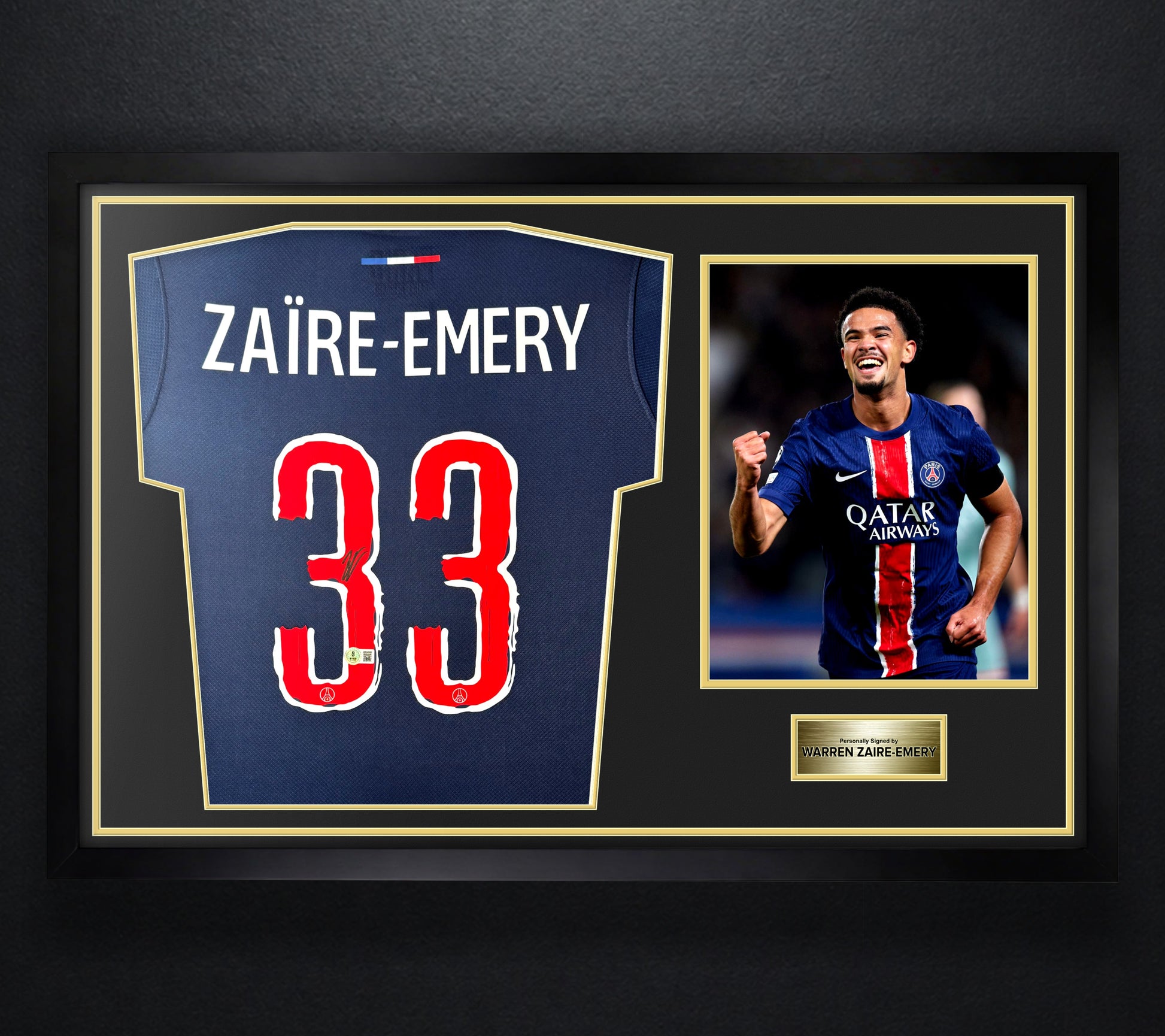 Warren Zaire-Emery Signed PSG Nike Jersey Framed Beckett COA - Photo of frame