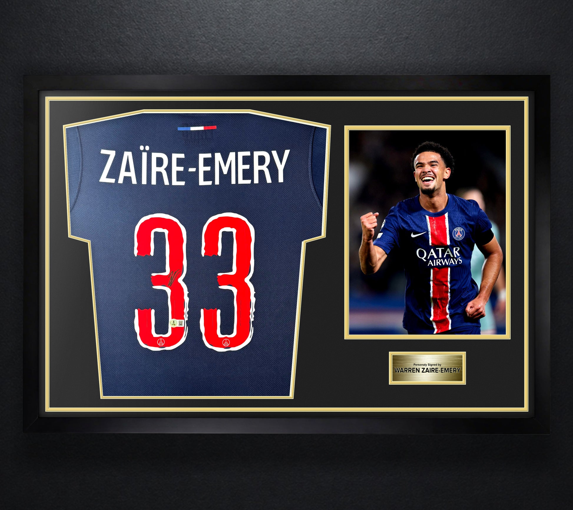 Warren Zaire-Emery Signed PSG Nike Jersey Framed Beckett COA - Photo of frame