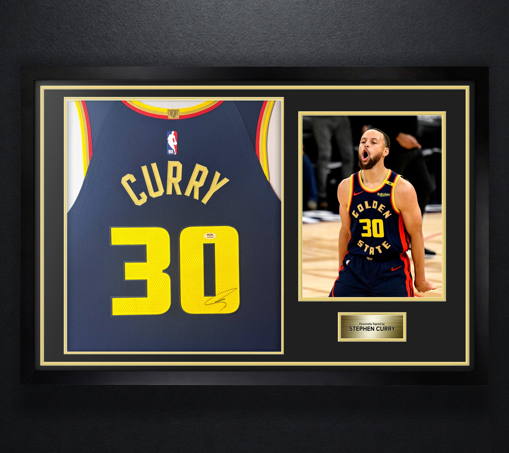 Stephen Curry Signed Golden State Warriors Nike Jersey Framed PSA COA - Photo of frame