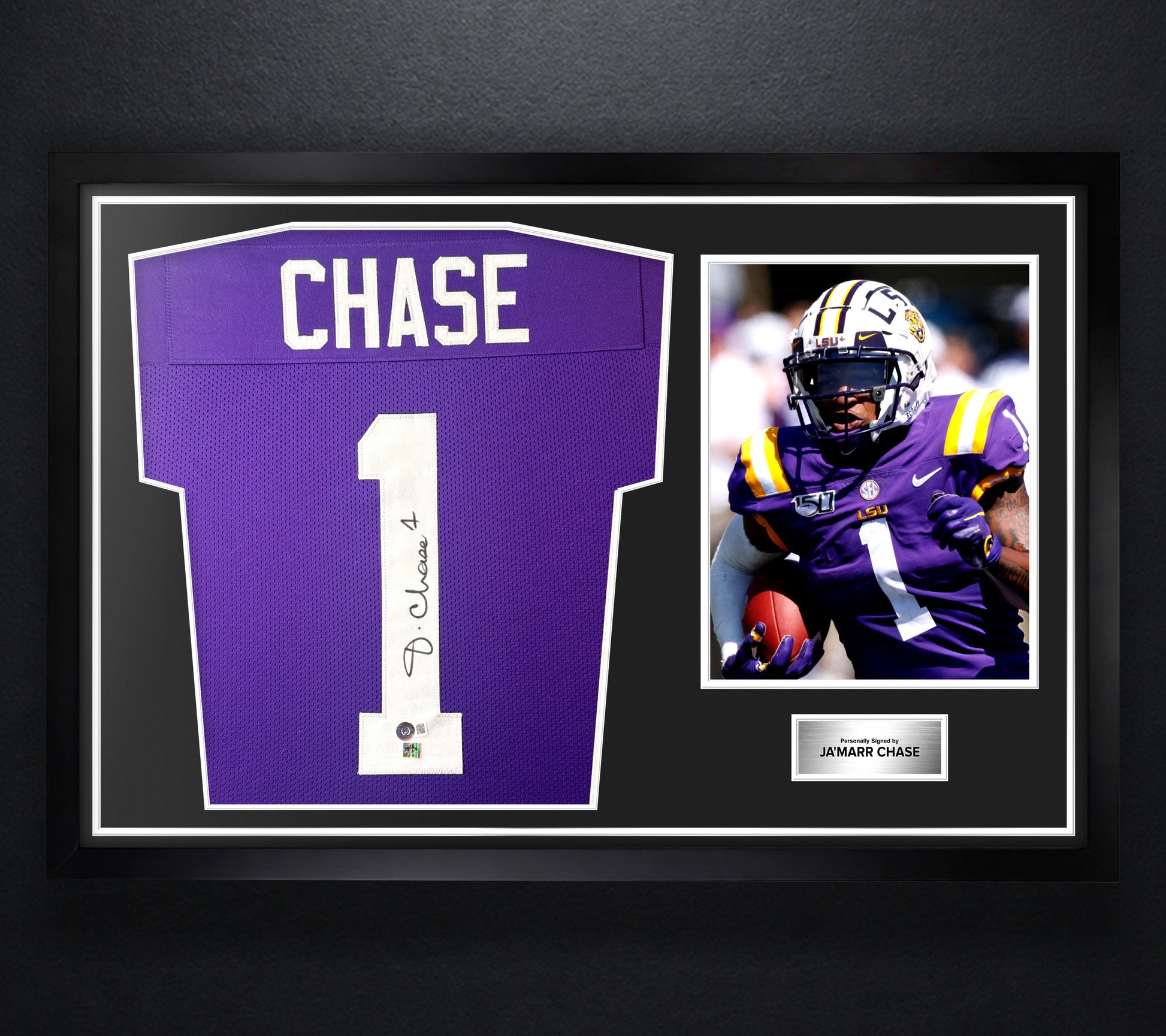 Ja'Marr Chase Signed LSU Tigers Jersey Framed Beckett & Chase Holograms COA - Photo of frame