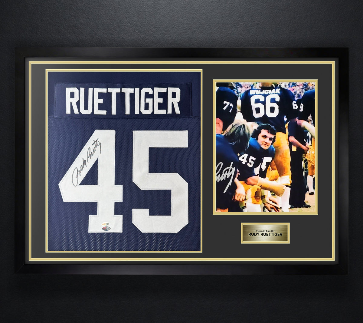 Rudy Ruettiger Signed Notre Dame Jersey Framed JSA & PIA COA - Photo of frame