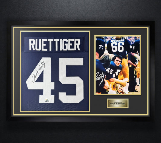 Rudy Ruettiger Signed Notre Dame Jersey Framed JSA & PIA COA - Photo of frame