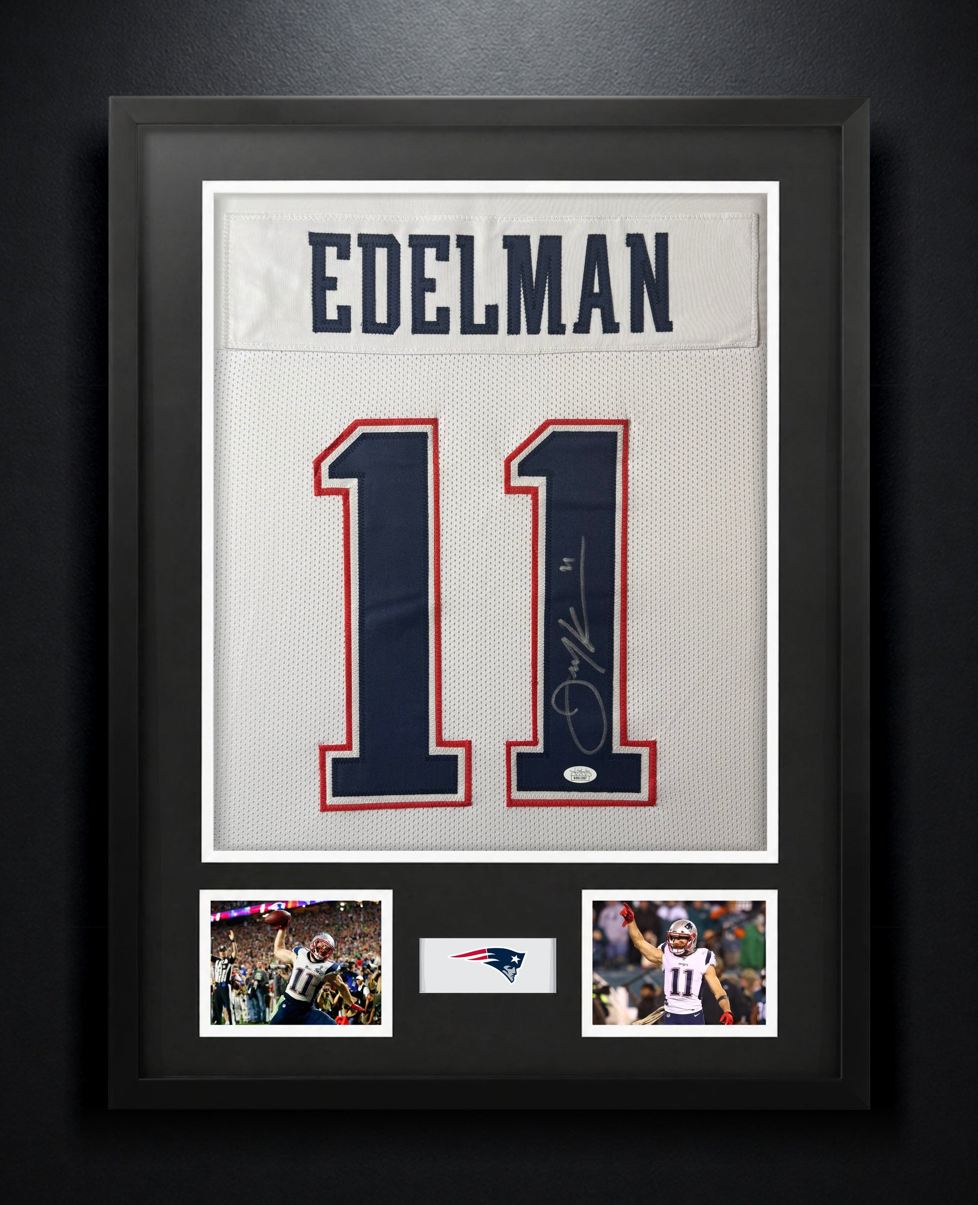 Julian Edelman Signed New England Patriots Jersey Framed JSA COA - Photo of frame