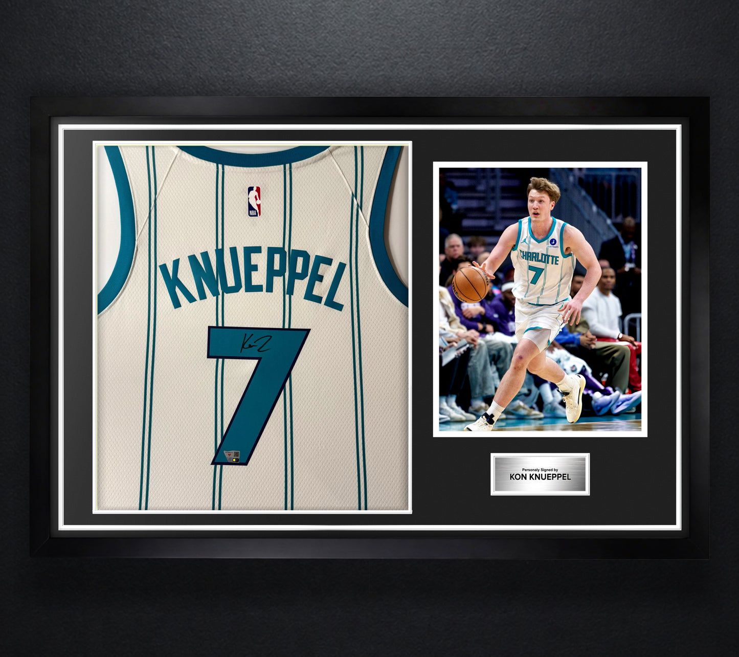 Kon Knueppel Signed Charlotte Hornets Nike Jersey Framed Fanatics COA - Photo of frame
