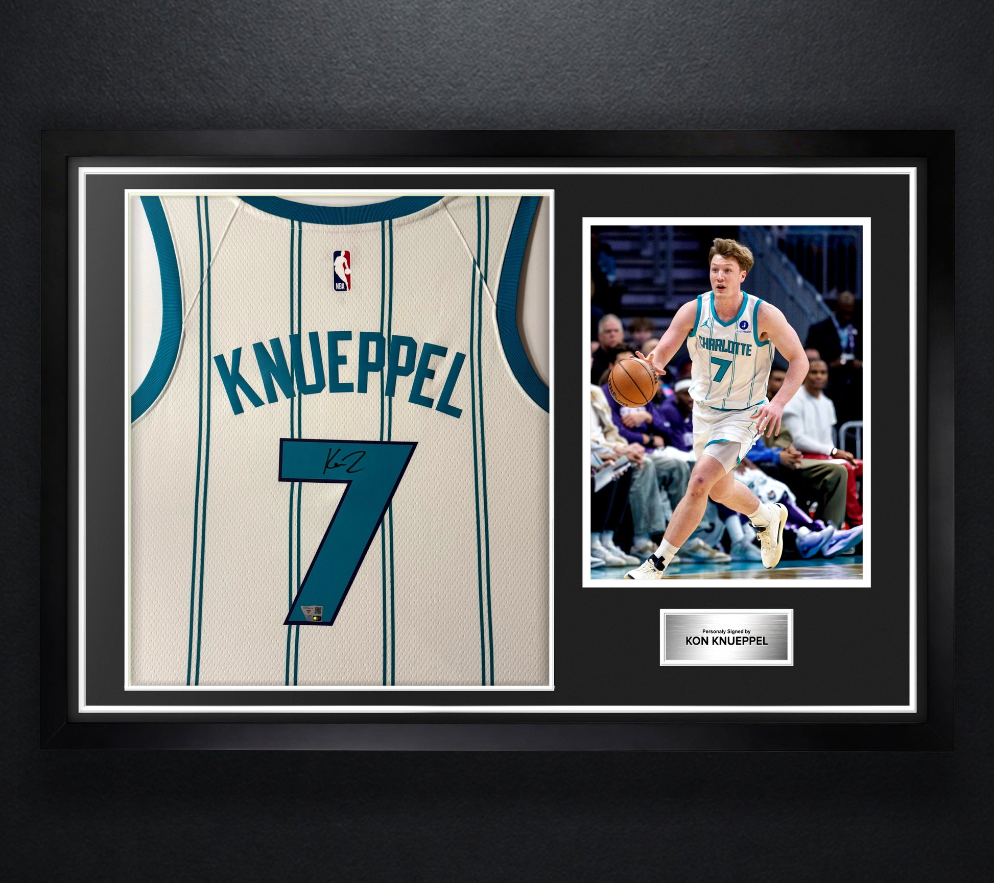 Kon Knueppel Signed Charlotte Hornets Nike Jersey Framed Fanatics COA - Photo of frame