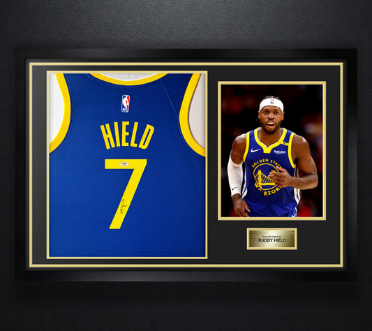 Buddy Hield Signed Golden State Warriors Nike Jersey Framed PSA COA - Photo of frame