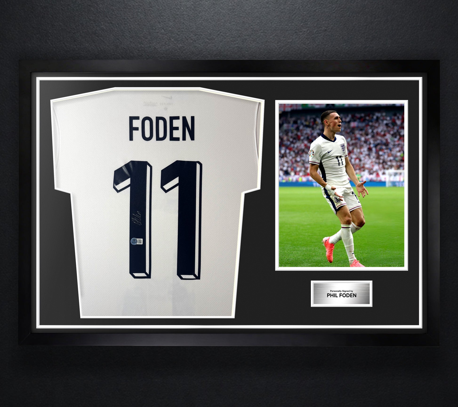 Phil Foden Signed England Jersey Framed Beckett COA - Photo of frame