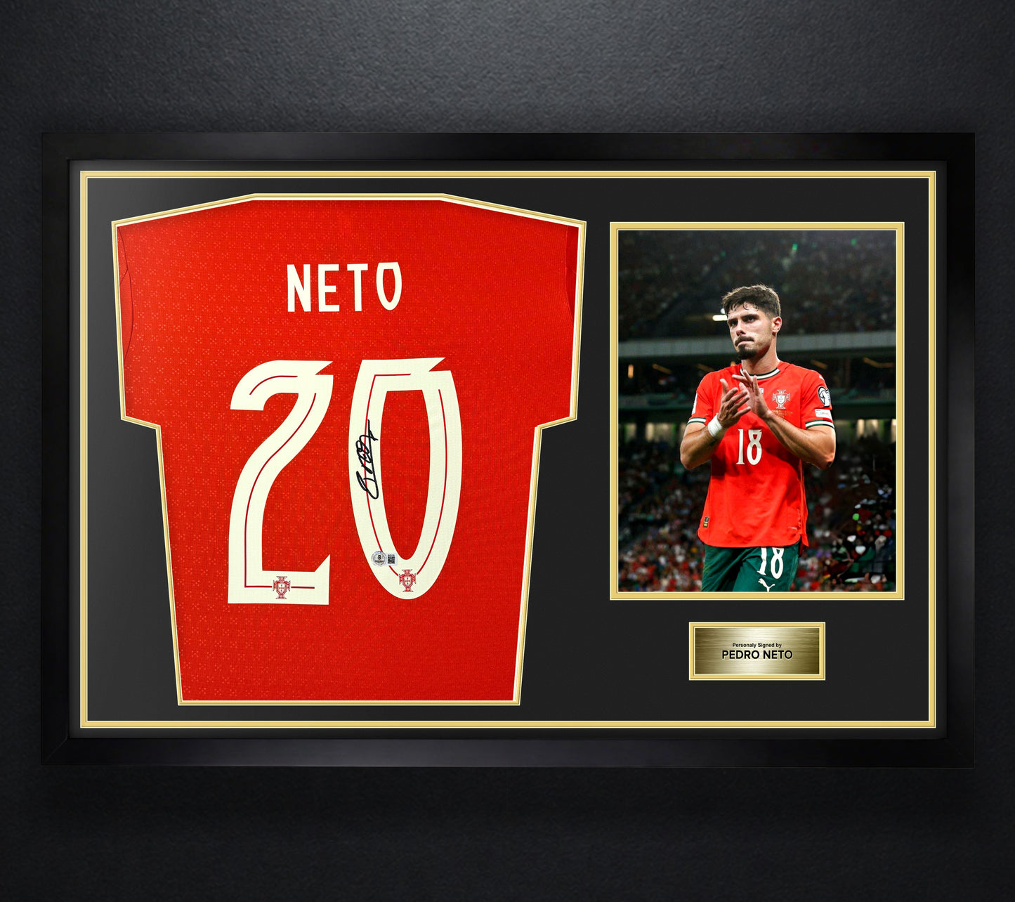 Pedro Neto Signed Portugal Puma Jersey Framed Beckett COA - Photo of frame