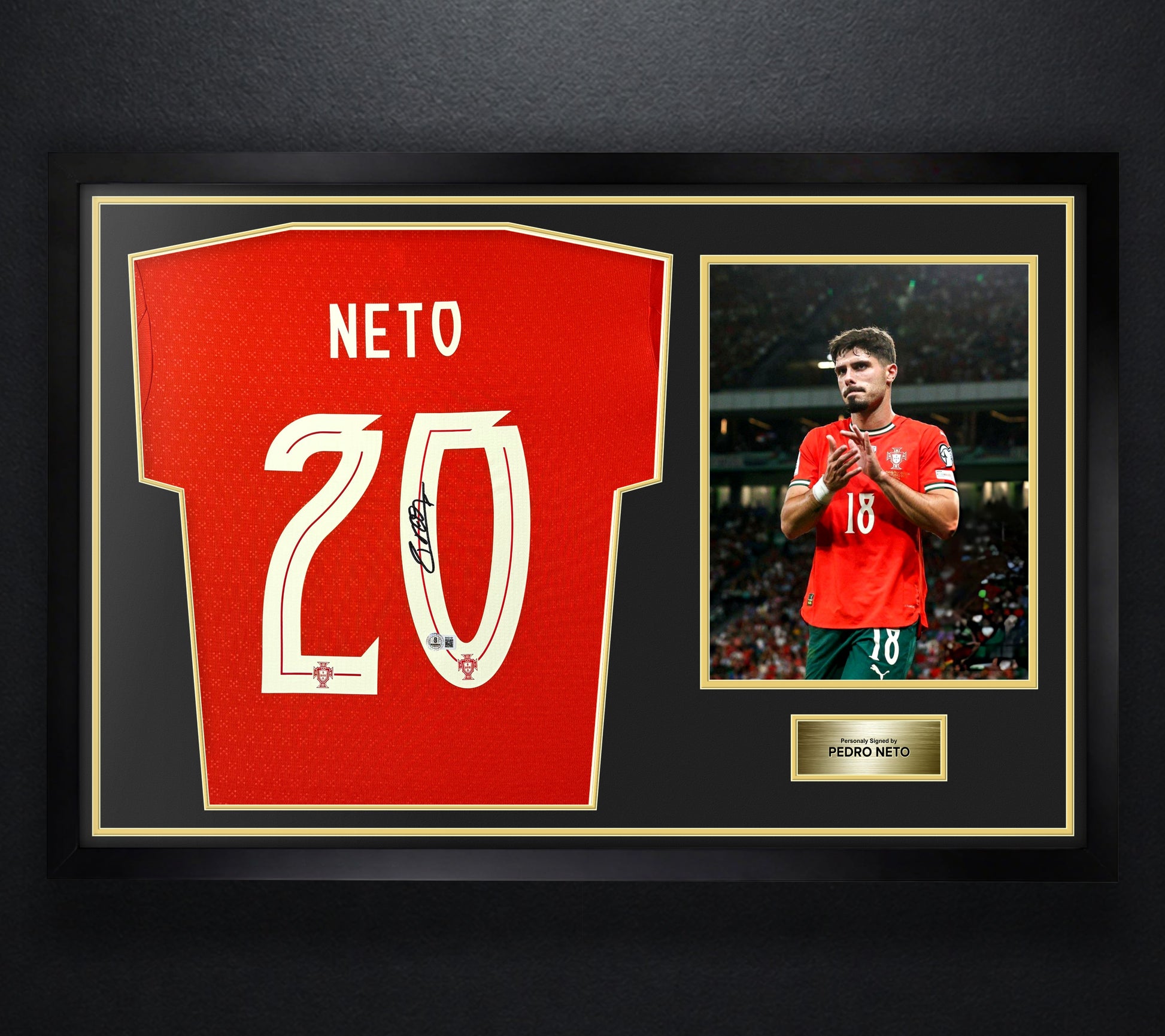 Pedro Neto Signed Portugal Puma Jersey Framed Beckett COA - Photo of frame